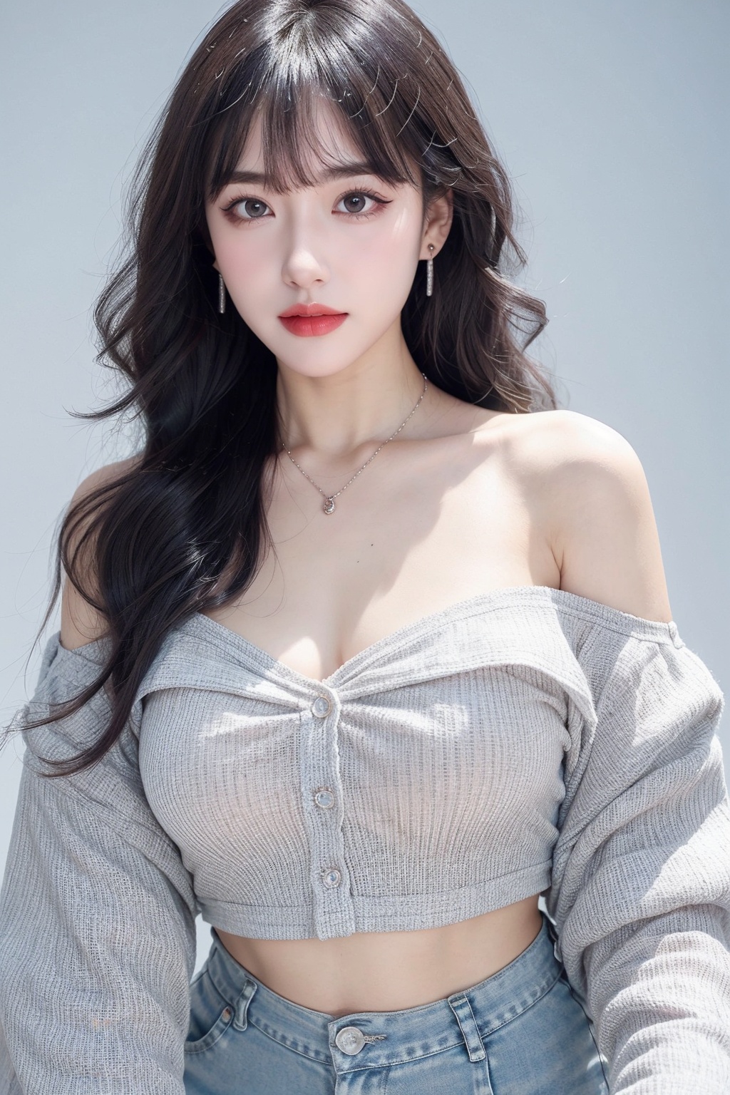 1girl, bangle, bare shoulders, bracelet, breasts, cleavage, collarbone, crop top, ear piercing, earrings, grey eyes, jewelry, long hair, looking at viewer, medium breasts, midriff, necklace, off-shoulder shirt, off shoulder, piercing, shirt, skirt, solo, white hair <lora:女:0.66>