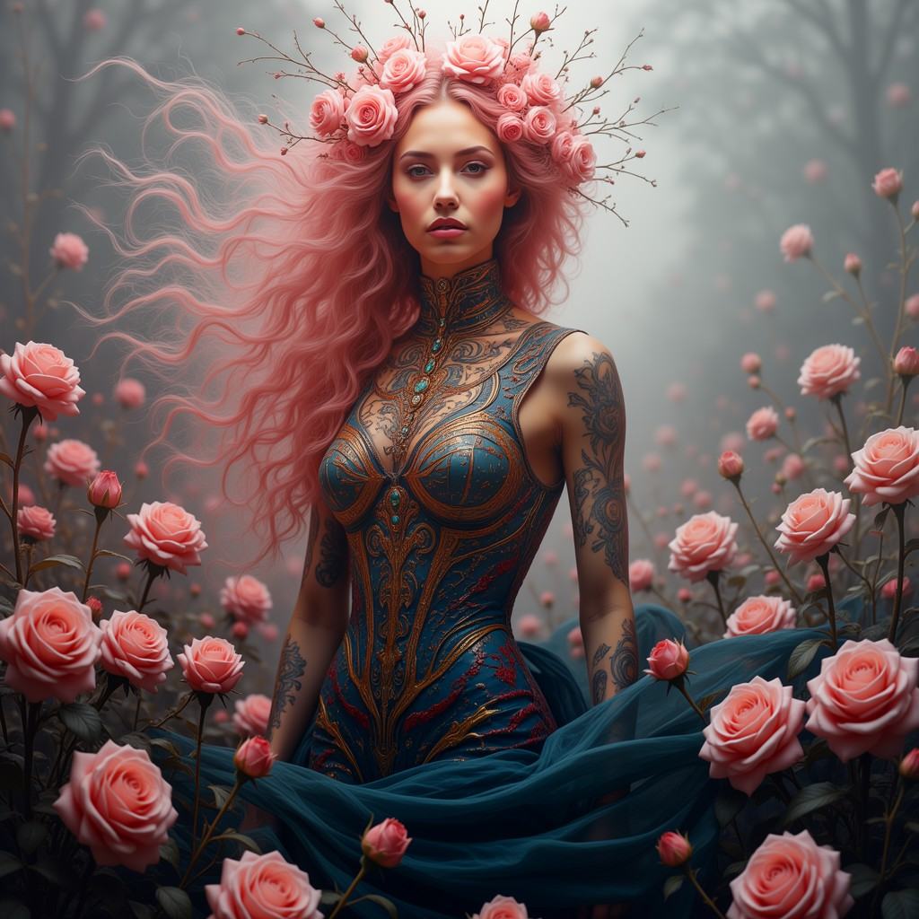 This is a highly detailed,  digital fantasy artwork depicting a woman standing amidst a field of pink roses. The woman has...