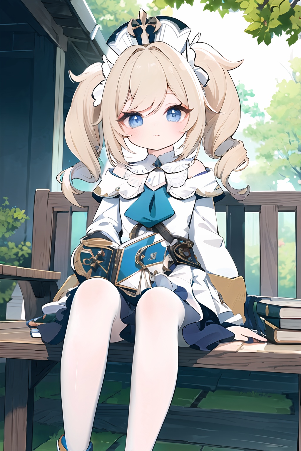 (masterpiece, best quality:1.2),insanely detailed,absurdres,ultra-highres,ultra-detailed,best quality,slender,kawaii,perfect symmetrical face,ultra cute girl,ultra cute face,ultra detailed eyes,ultra cute,ultra beautifu,<lora:barbara-000001:1>,barbara\(Innocent Longing\)\(genshin impact\),barbara \(genshin impact\),1girl,solo,white dress,blue eyes,twintails,hat,standing,blonde hair,white pantyhose,book,black footwear,cross,long sleeves,detached sleeves,twin drills,neck ring,bare shoulders,breasts,outdoors,sitting,