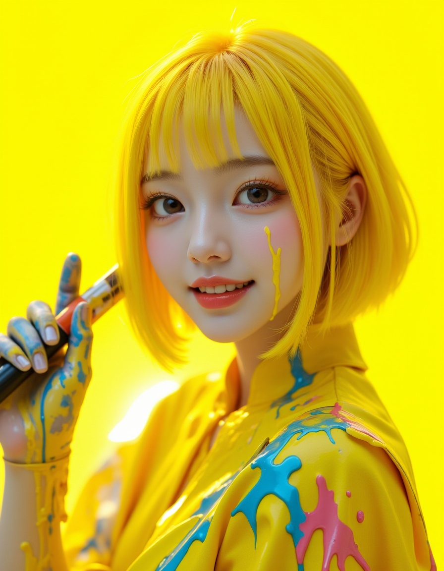 Masterpiece, Top quality, beautiful Korean woman, doll-like face, clean skin, neat lemon yellow bob cut splattered with glowing paint, bright mischievous creative smile, school art club smock-style power suit, tough canvas-like armor, active pose, holding a giant high-tech paintbrush dripping with glowing multi-colored paint near her face, intensely saturated monochromatic bright yellow background, POV, high angle, face-focused close-up, looking up at viewer