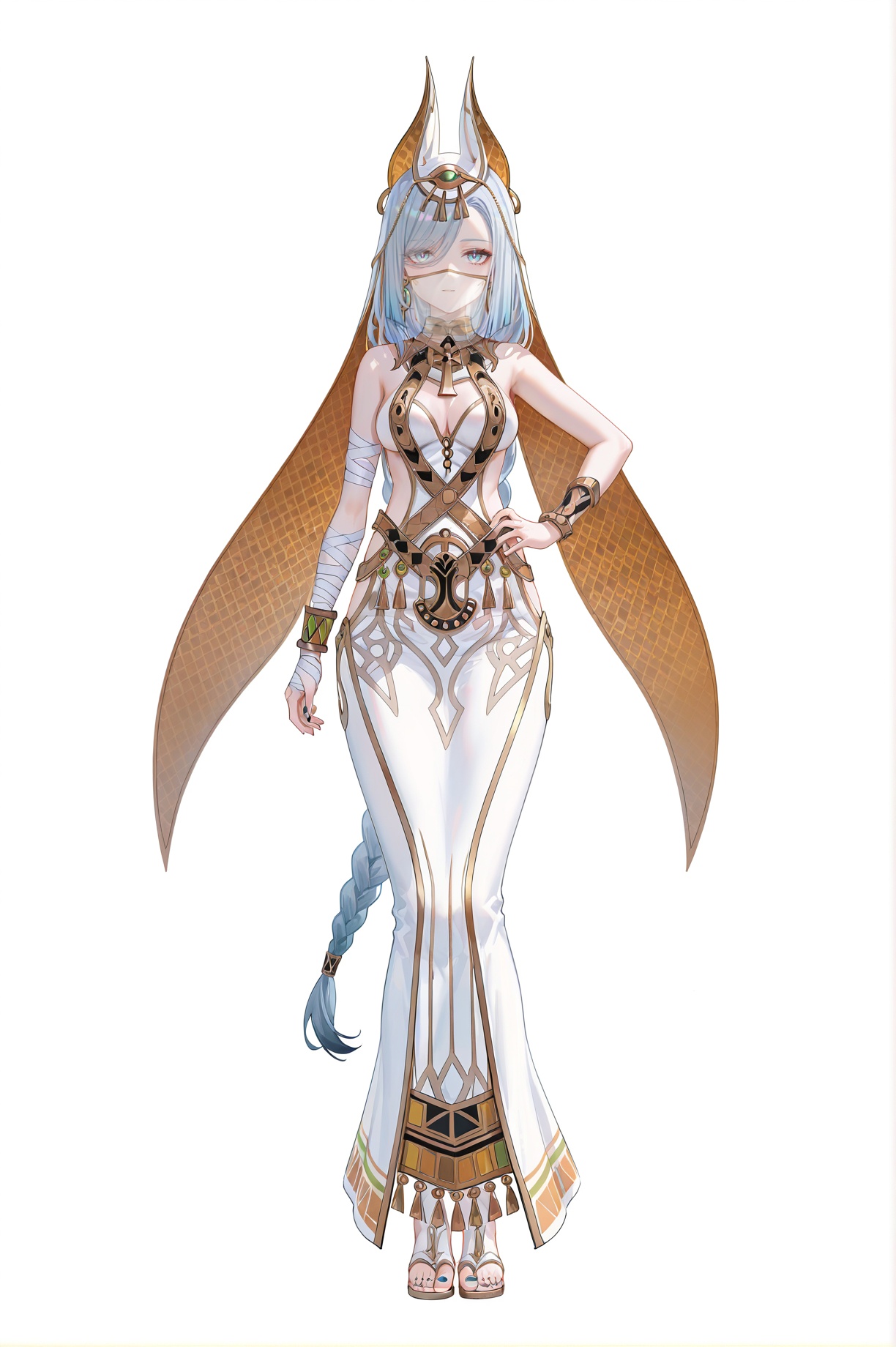 8k,best quality,masterpiece,(ultra-detailed),(high detailed skin),((artist:reoen),(artist:fuzichoco),(artist:atdan),(artist:torino_aqua),year 2024:0.8)1girl,[artist:wlop],[artist:ningen_mame],artist:ciloranko,[[artist:rhasta]],artist:tidsean,colorful,jijia,2d,ambient light,full body,full shot,standing,looking at viewer,(solo:1.2),simple background,(white background:1.2),hand on own hip,(white background:1.1),shenhe \(genshin impact\),grey hair, <lora:mobius-ill-Tanger:0.8>,mobius's egyptian clothes,cat ears hood,1girl, jewelry,white dress,bracelet,veil,bandages,