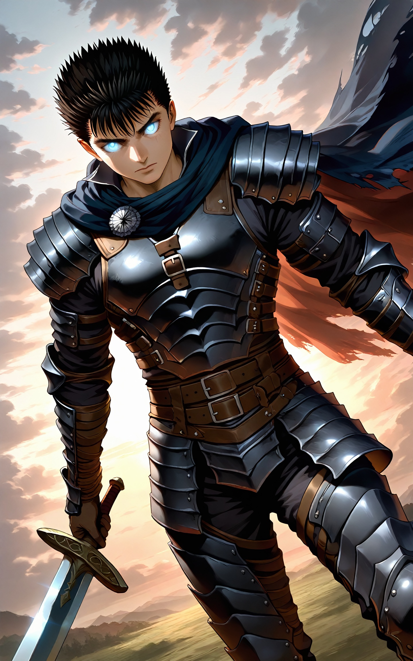 masterpiece,very aware,highres,absurdres,newest,best quality,high quality,chromatic_aberration,cinematic_angle,dutch angle,//,solo,looking at viewer,blue eyes,black hair,1boy,holding,weapon,male focus,outdoors,sky,sword,cloud,cape,holding weapon,armor,glowing,holding sword,cloudy sky,spiked hair,shoulder armor,gauntlets,glowing eyes,pauldrons,breastplate,guts \(berserk\),