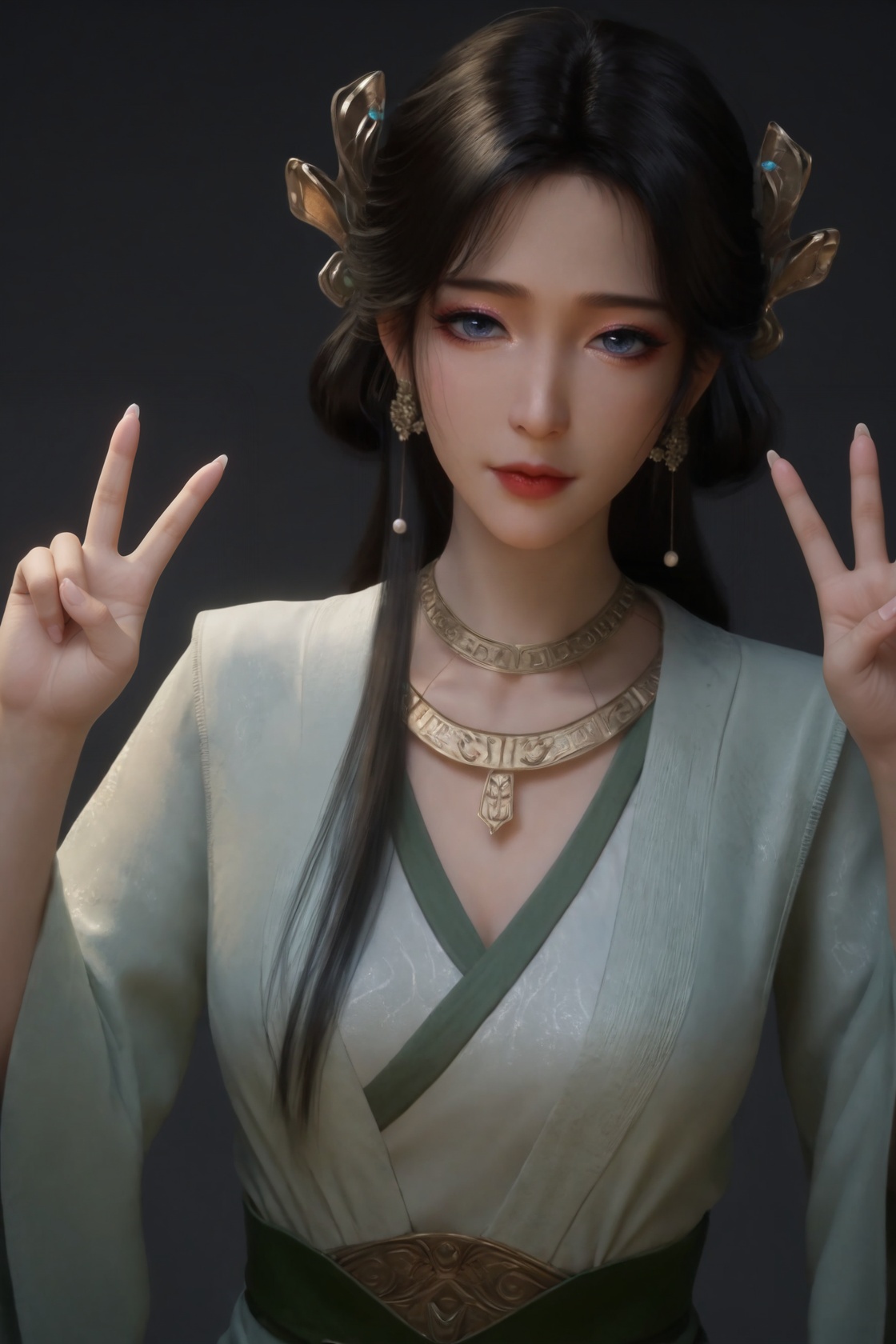 (score_9),upper body,looking at viewer,front view,<lora:梅凝1-Apony:0.85>,mn,<lora:perfect eyes_v1:1>,bright pupils,eyeshadow,1girl,solo,earrings,hair ornament,long hair,black hair,lipstick,light blush,hair beads,beads,robe,long sleeves,belt,mature,(mature_female),collarbone,glamor,large breasts,double v,simple background,<lora:Expressive_H-000001:0.8>,(fair_skin),(white_skin),