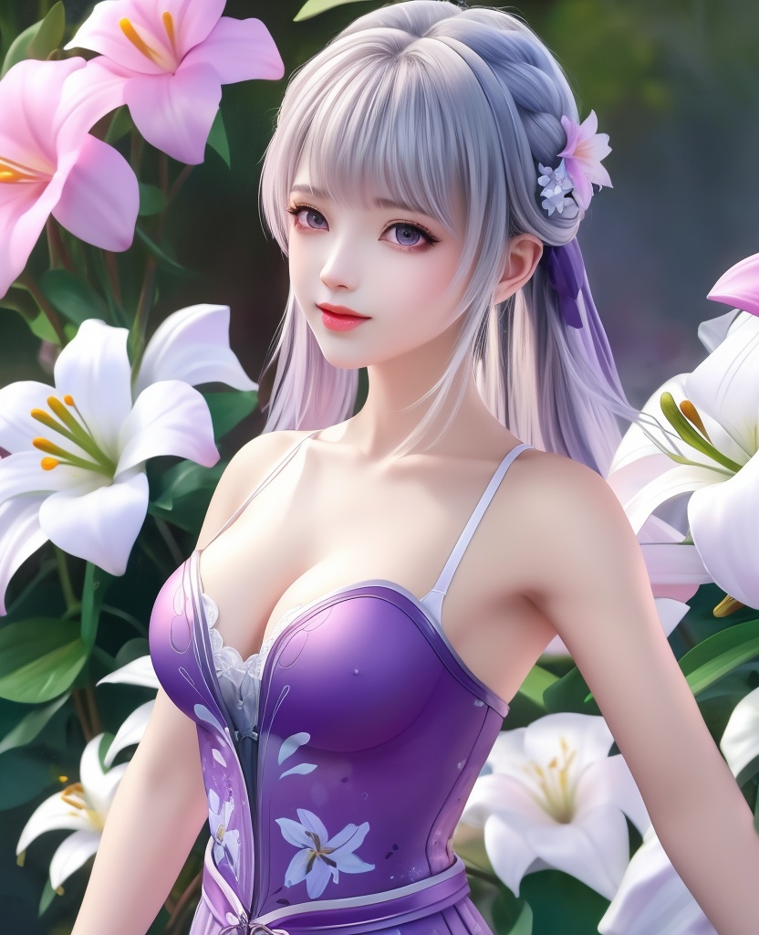 <lora:554-DA-武动乾坤-林青檀-V2:0.8>(,1girl, ,best quality, ),looking at viewer,  ,ultra detailed 8k cg,ultra detailed background,ultra realistic 8k cg,1girl, solo,(bare shoulders:0.85),(masterpiece, best quality),((oil painting style)),sexy young lady,(beautiful face and eyes),(upper body:1.5),(whole body:1.05),(single person:1.2),surrounded by flowers, (lily), roses, floret, vegetation, white, purple, purplish pink,Impressionism,colorful,(Breast size:1.3),(cleavage),