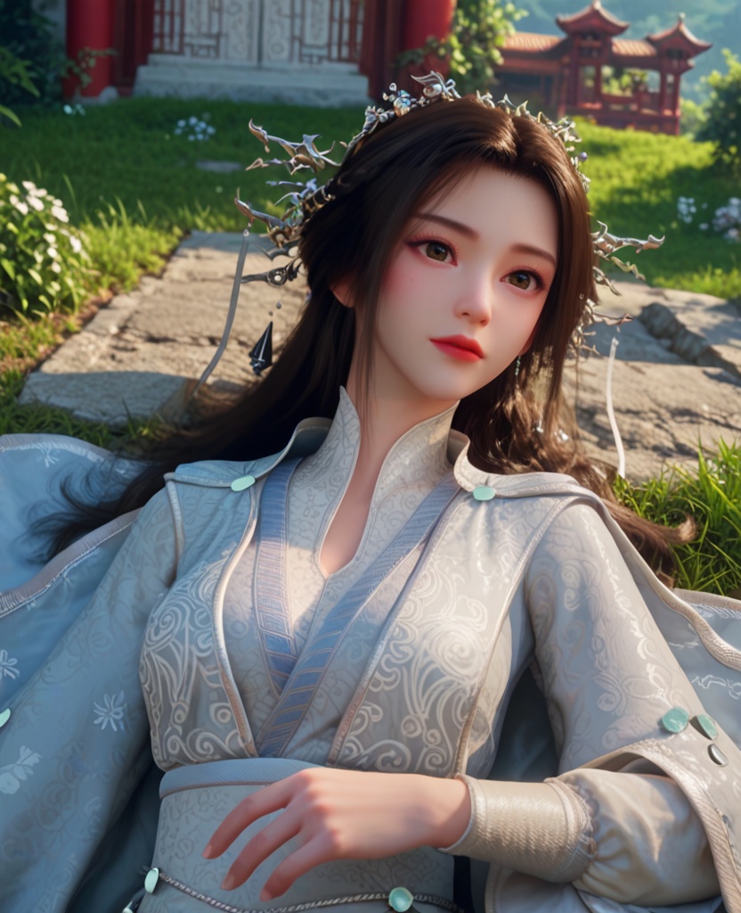 (oriental architecture, elegant decor, sophisticated style:1.1),(Lying on a grassy meadow, making a daisy chain, with a bright and playful expression,:1.1),(breasts:1.2),<lora:XL修罗武神苏柔:0.95>,miss surou,chinese clothes,cape,sash,long sleeves,hair bun,brown eyes,black hair,long hair,hair ornament,jewelry,tassel,, score_9,score_8_up,score_7_up,score_6_up,score_5_up,score_4_up,3d rendering,tag1,tag2, Cinematic Lighting,backlighting,