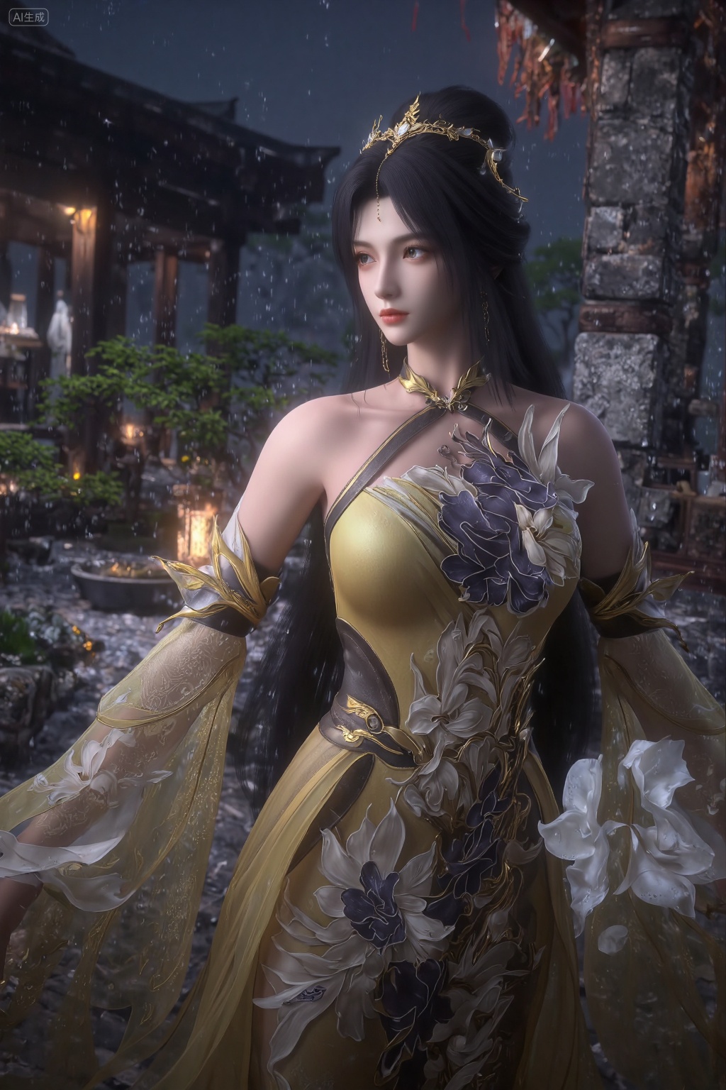 This is a highly detailed CGI rendering of a beautiful,fair-skinned woman with long,dark hair adorned with gold and white accessories. She wears an elaborate,golden-yellow dress with intricate floral patterns and a choker. Her expression is serene,with a slight smile. The background is a blurred,dark blue gradient.,, The scene is a serene ancient Chinese courtyard captured in a **low-angle wide shot**,where raindrops dynamically splash against stone pathways and lotus ponds in the foreground,creating ripples that reflect the soft glow of lanterns. The **middle ground** features traditional wooden pavilions with upturned eaves,their surfaces glistening under the rain,while **wisps of mist** drift between stone pillars and bonsai trees. In the **background**,beams of light pierce through the rain curtain,creating a **Dramine effect** that highlights the rain's texture and depth. The **sky** is a deep,moody gray,contrasting with the warm amber light spilling from paper lanterns,which casts elongated shadows and illuminates cascading rain in the air. The **crimson petals of plum blossoms** mingle with raindrops,adding vibrant splashes of color against the monochrome backdrop.,, masterpiece,best quality,astonishing quality,ultimate aesthetics,absurd,best quality,ultimate aesthetics,masterpiece,emotional masterpiece,extraordinary above all,mastery of details,, Negative prompt: ng_deepnegative_v1_75t,(badhandv4:1.2),EasyNegative,(worst quality:2),,nsfw, Steps: 30, Sampler: DPM++ 2M, CFG scale: 3.5, Seed: 854563991, Size: 1024x1536, Model hash: 062dad72b2, Model: 麦橘超然majicFlus_v1.safetensors, Denoising strength: 0, RNG: CPU, Lora 1: 20250820-1755705975731-0010, Lora Hash 1: cf2836352b, Lora Weight 1: 1.0, Controlnet 0: "preprocessor: dw_openpose_full, model: InstantX-FLUX.1-dev-Controlnet-Union-Pro-2.0, weight: 0.7, starting/ending: (0.0, 0.7), resize mode: Crop and Resize, pixel_perfect: False, control mode: Balanced, preprocessor params: (512, None, None)", vae_name: automatic