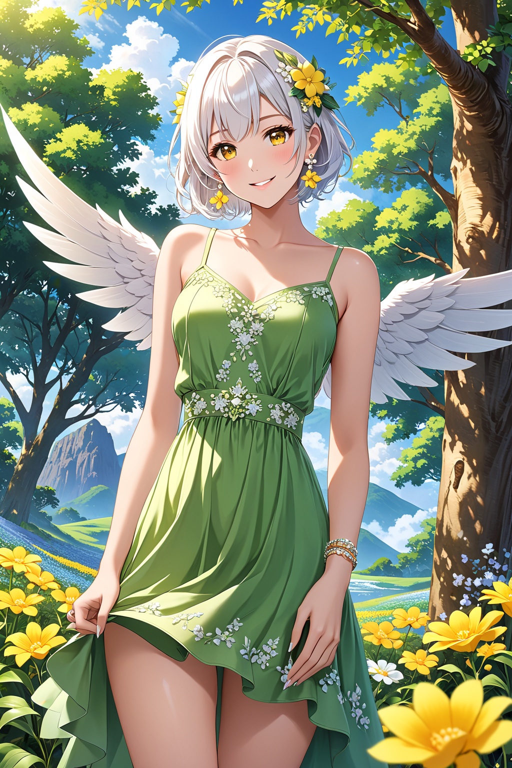 1girl, solo, breasts, looking at viewer, blush, smile, short hair, bangs, hair ornament, dress, bare shoulders, jewelry, closed mouth, standing, collarbone, yellow eyes, flower, white hair, cowboy shot, earrings, small breasts, outdoors, wings, sleeveless, hair flower, bracelet, tree, sleeveless dress, green dress, yellow flower, skirt hold