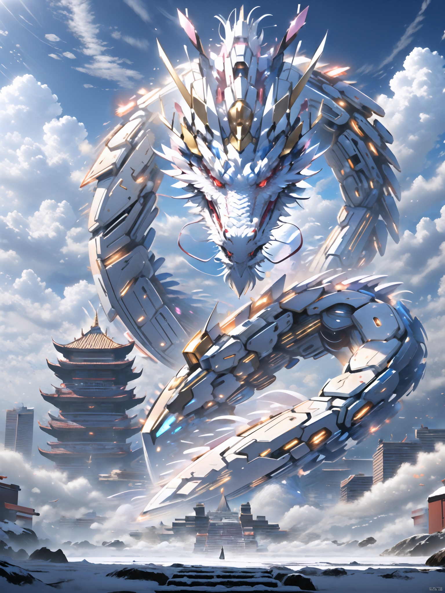 a mecha dragon is flying through the air with clouds in the background and a building in the foreground with a sky background,red eyes,<lora:mecha_loong_v1:0.7>,8k,High quality,high quality,