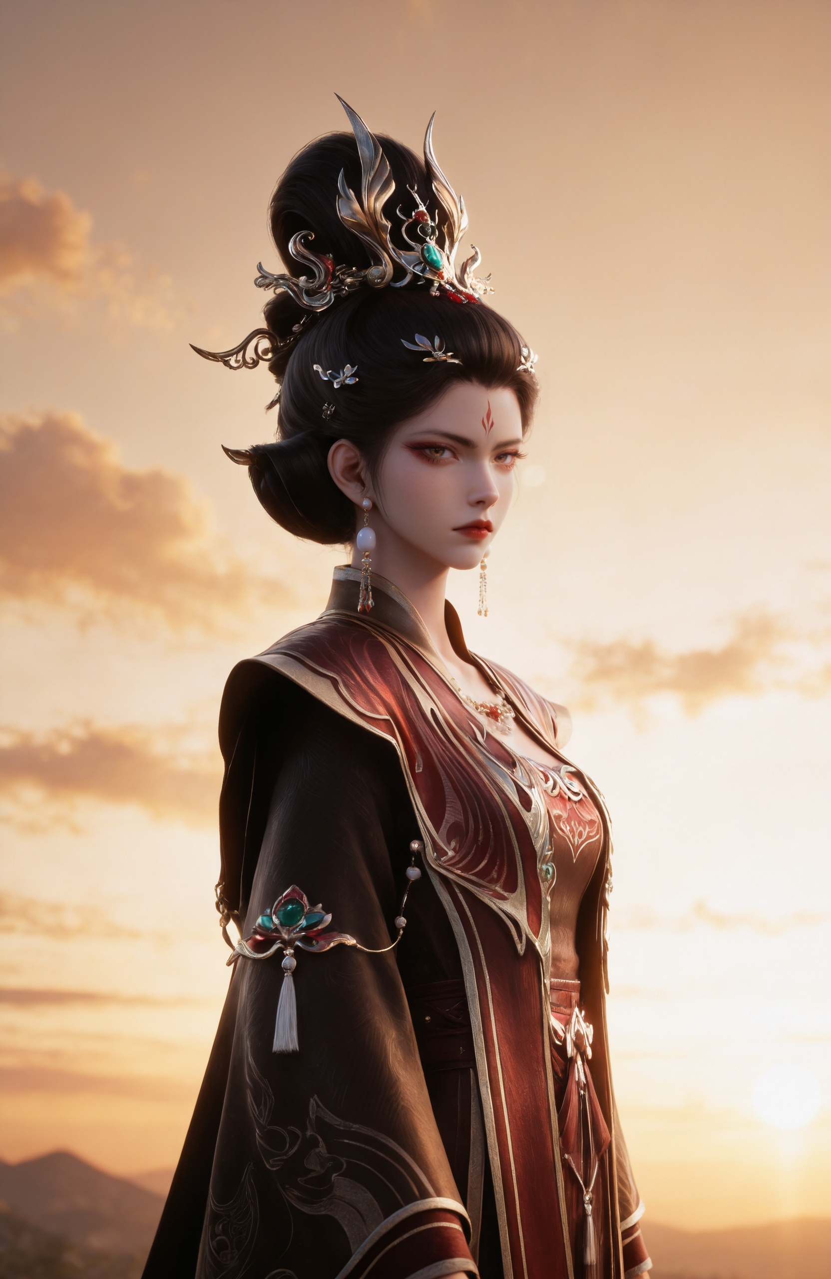 <lora:剑来-大骊皇后IL:0.7> 1girl, black hair, hair ornament, hair bun,brown eyes, forehead mark, red lips, chinese clothes, earrings, necklace, long sleeves,dress,, realistic style photo,outstanding style,Use soft lighting to cast gentle shadows on the subject,adding a touch of dimension to your images without compromising details,whirls of vapor,(Anime:1.1),soft neon light,ethereal ambiance,delicate details,magical atmosphere,concept art,highly detailed,ultra-high resolution,32K UHD,sharp focus,best-quality,masterpiece,golden hour,unconventional supreme masterpiece,masterful details,temperate atmosphere,with a high-end texture,in the style of fashion photography,magazine style,Dynamic Angle,Dynamic posture,magazine style,Dynamic Angle,Dynamic posture,(cowboy_shot:1.2),eye trail,depth of field,cinematic lighting,lens flare,close-up,extreme aesthetic,(wlop:0.6),(honjou raita,lack,rella,wanke:0.5),masterpiece,best quality,good quality,newest,year 2025,very aesthetic,absurdres,Visual impact,A shot with tension,ultra-high resolution,32K UHD,sharp focus,best-quality,masterpiece,Emotionalization,unconventional supreme masterpiece,masterful details,temperate atmosphere,with a high-end texture,in the style of fashion photography,(Visual impact:1.2),giving the poster a dynamic and visually striking appearance,, realistic style,white background,upper body,looking at viewer,dynamic posture,