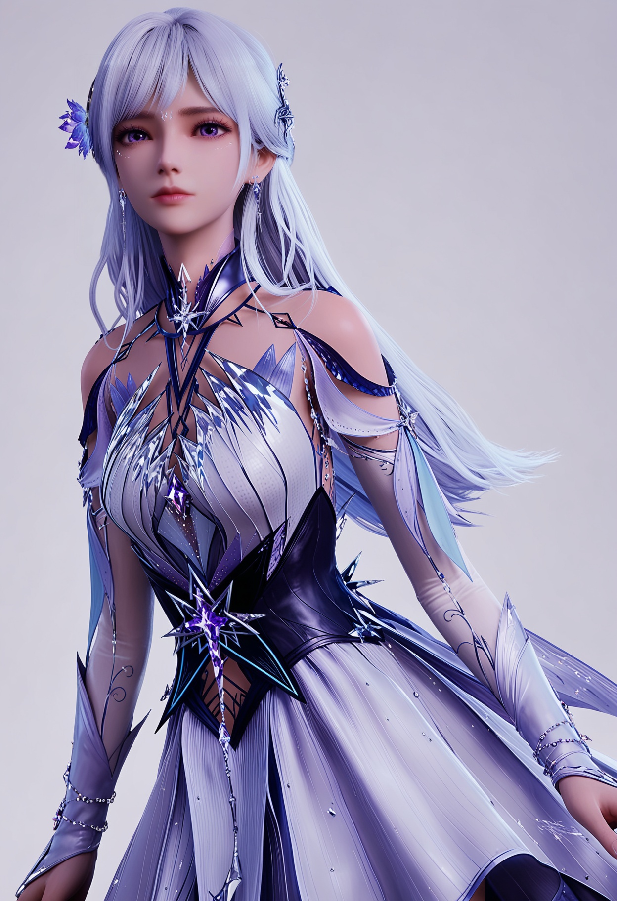 score_9,high detail,best quality,shiny skin,shiny,shengcaiersjcf,1girl,solo,purple eyes,white hair,long hair,white background,hair ornament,jewelry,earrings,realistic,simple background,closed mouth,dress,bare shoulders,hair flower,white dress,lips,breasts,looking at viewer,thighs,full body,<lora:QQSponyshengcaiersjcfV1:0.8>,<lora:Pony_DetailV2.0:0.8>,<lora:皮肤凹痕:0.1>,