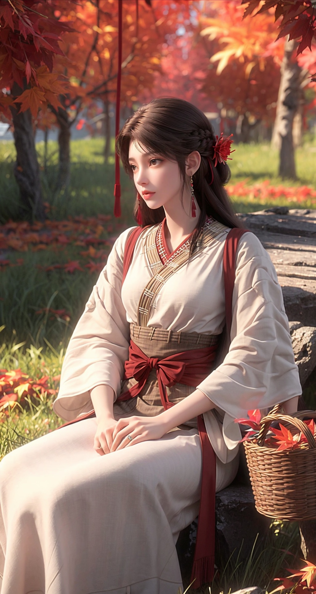 <lora:add_detail细节增加:0.8>,<lora:梦幻白1:0.2>,1girl,solo,hair ornament,long hair,hair flower,brown hair,jewelry,earrings,brown eyes,lips,realistic,closed mouth,chinese clothes,dress,basket,outdoors,autumn leaves,autumn,solo focus,flower,holding basket,leaf,tree,day,long sleeves,grass,maple leaf,long skirt,water,sky,depth of field,rock,ribbon,red ribbon,hairpin,hair stick,looking at viewer,eyelashes,red lips,scenery,nature,forest,sunlight,tassel,wide sleeves,<lora:火灵儿上界:0.7>,sitting,