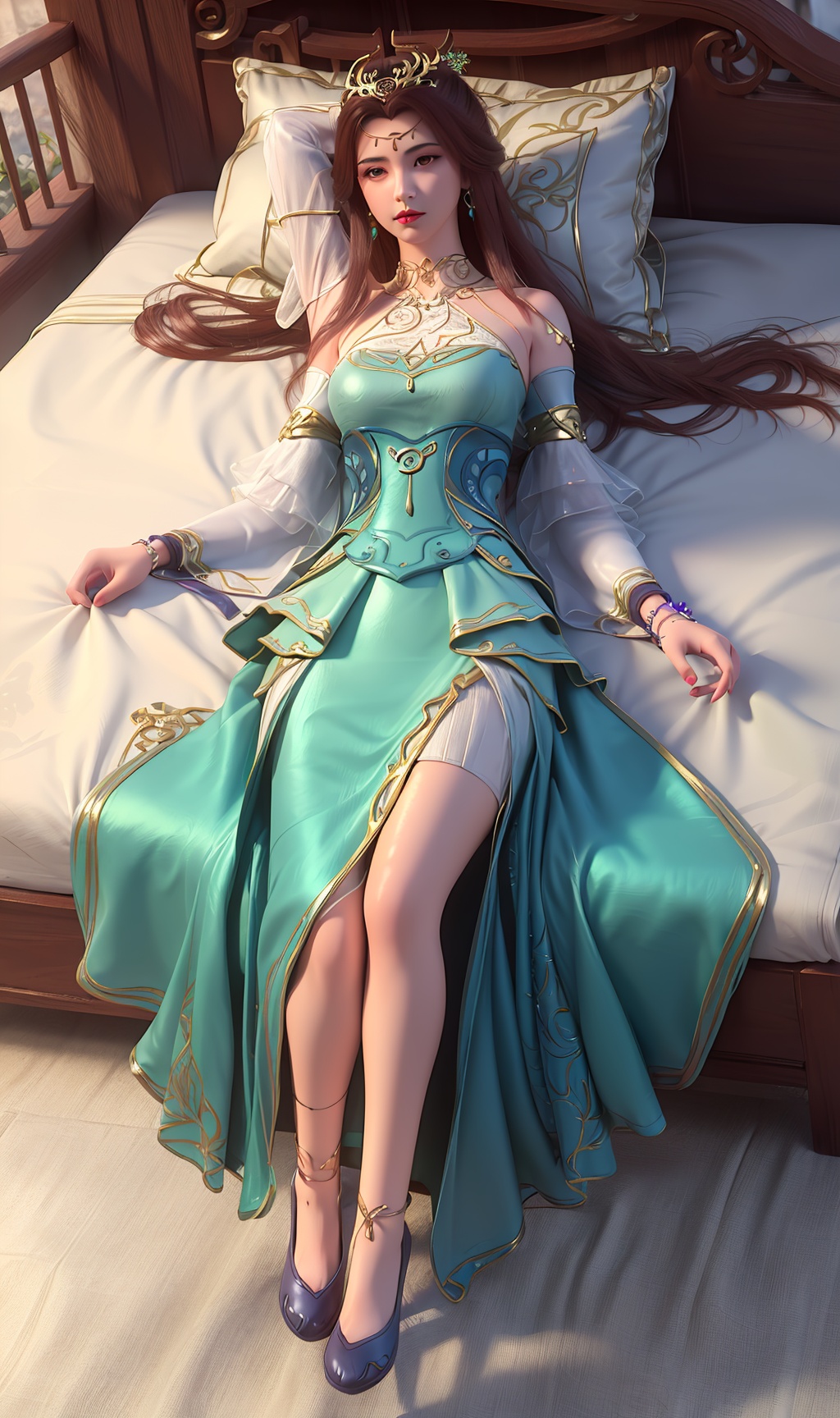 3D,masterpiece,(best quality),(makeup),official art, extremely detailed cg 8k wallpaper,((crystalstexture skin)), (extremely delicate and beautiful),(highly detailed),(face),(headgear),(tassel),(arms_behind_head)(1girl), (solo), (jewelry), (earrings),(brown_hair),(long_hair),(hair_ornament),(handwear),(breasts),(((lying))),,(detached_sleeves),(bare_shoulders),,((full_body,whole_body)),(dress),(multicolored_clothes),(multicolored_dress),(closed_mouth),(traditional_clothes),(long_dress),(long_skirt),(gold_trim),(shorts),(shiny_clothes),(sunshine, outdoor,bed),((looking_at_viewer)),((Facing the camera)), (long_legs), (blue_shoes),(flat_shoes),(anklet),(cloth_shoes),, <lora:hipoly3DModelLora_v10:0.3> <lora:枫岫-百炼成神-苏灵韵01:0.7>