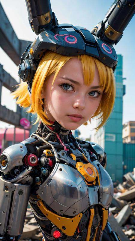 Photo of a broken ruined cyborg girl in a landfill,  robot,  body is broken with scares and holes on Tensor.Art