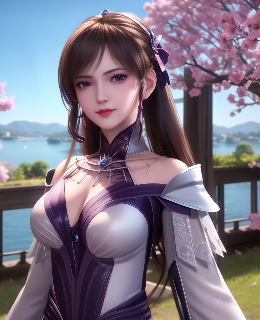 <lora:561-DA-炼气十万年-孔炎:0.8>(,1girl, ,best quality, ),looking at viewer,  ultra detailed background,ultra realistic 8k cg,ultra detailed 8k cg,masterpiece,upper body,  (( , )),, ,science fiction,mole, ultra realistic 8k cg, ,    ,outdoors, sun,sunlight, cherry blossoms,      (cleavage), (),