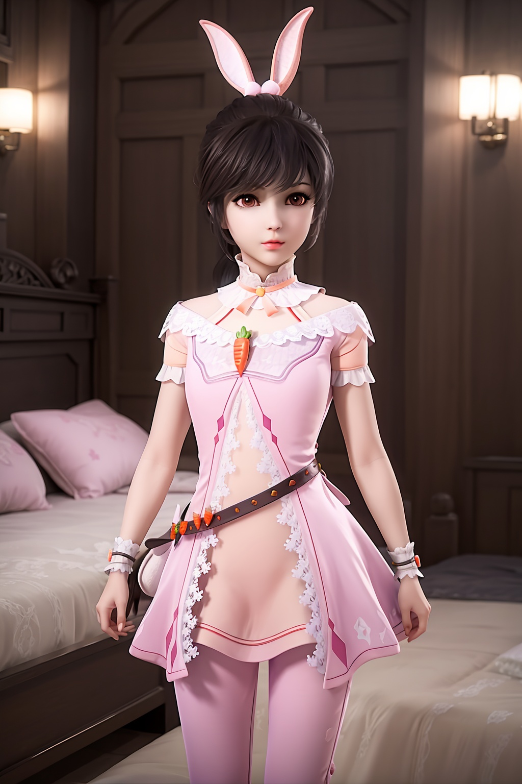 crystalstexture skin,best quality,masterpiece,ultra detailed,8k,RAW photo,realistic,photorealistic,ultra-detailed,intricate detail,extremely detailed,delicate pattern,masterpiece,looking at viewer,night,<lora:C_斗罗大陆_小舞_maiden_FEB:0.7>,bed, 1girl,solo,rabbit ears,pink dress,belt,short sleeves,ponytail,carrot,wrist cuffs,pants,necklace,standing,