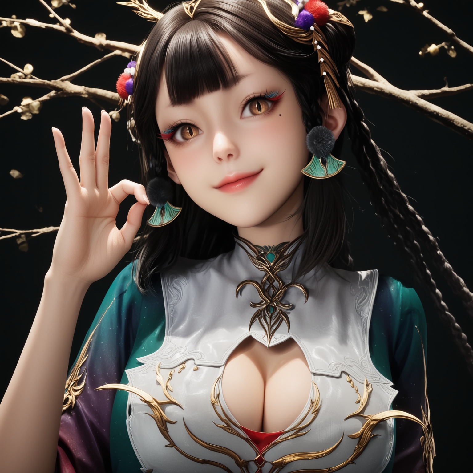 (score_9),masterpiece,best quality,absurdres,highres,BREAK(glamor:1.1),slender,white_skin,(fair_skin:1.1),collarbone,(large breasts),puffy chest,cleavage,<lora:仙清儿-ill:0.82>,1girl,solo,black hair,braid,hair ornament,long hair,earrings,slit pupils,brown eyes,mole under eye,bangs,light blush,(seductive_smile:1.1),looking at viewer,(upper body),ok sign,face_foucs,BREAKblack background,branch,twig,