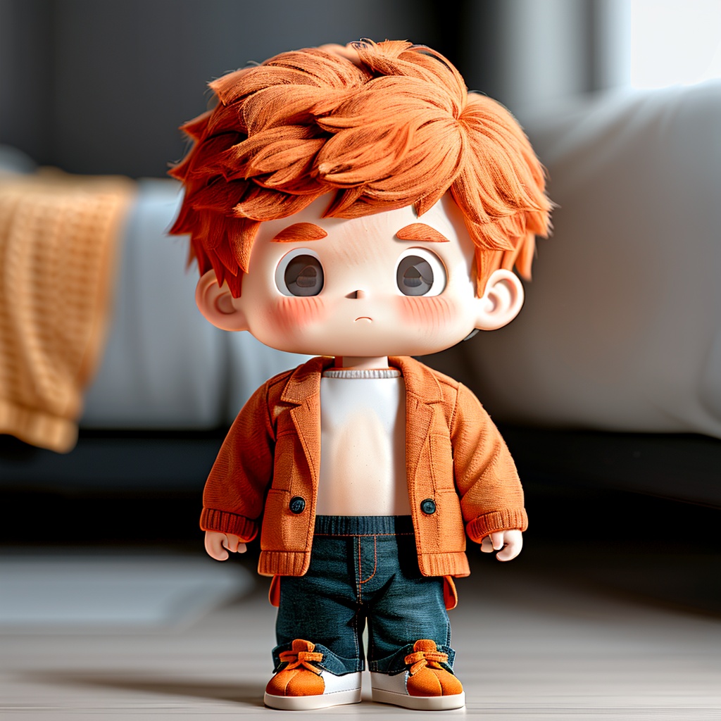 maoxr,1boy,blurry background,solo,pants,male focus,orange footwear,looking at viewer,sweater,denim,full body,jacket,orange hair,standing,long sleeves,black eyes,jeans,blush,arms at sides,personification,straight-on,closed mouth,open clothes,sneakers,blue pants,indoors,<lora:MAOXR-1.5:0.75>,