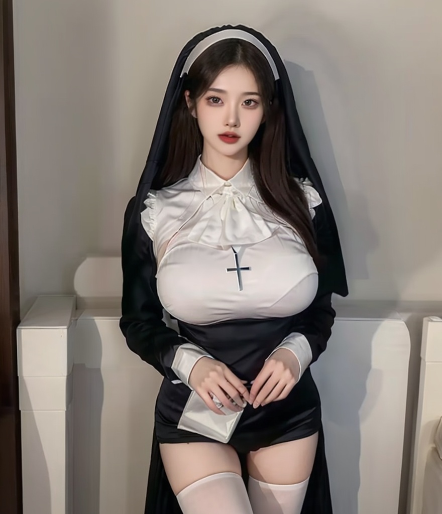 (masterpiece, best quality:1.4),finely detailed,1girl,solo,(pale skin),perfect body,glossy skin,(Supergiant huge breasts:1.1),(nun),habit,black eyes,long hair,cross,necklace,jewelry,cross necklace,looking at viewer,lips,veil,indoor,hotel,room,(1 breast),white romper,white_thighhighs,housemaid,black dress,<lora:killer修女cos服v1.0:0.8>,standing,(cowboy_shot:1.3),<lora:killer Hand Restoration 手部修复v4-01>,