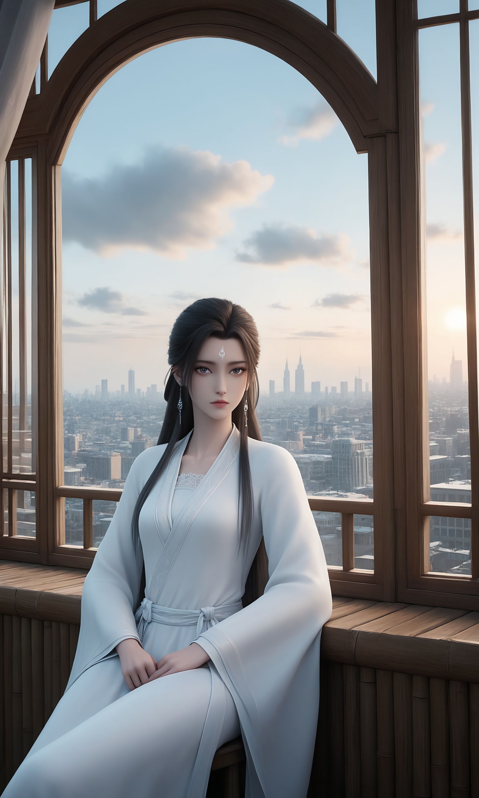 <lora:诛仙3-陆雪琪睡袍ILL:0.8>,1girl,long,straight black hair,flowing,white traditional Chinese robe,white sash,long sleeves,two long braids,, 1girl,solo,sitting,window,frills,sky,cloud,indoors,cityscape,closed_mouth,sun,looking at viewer,
