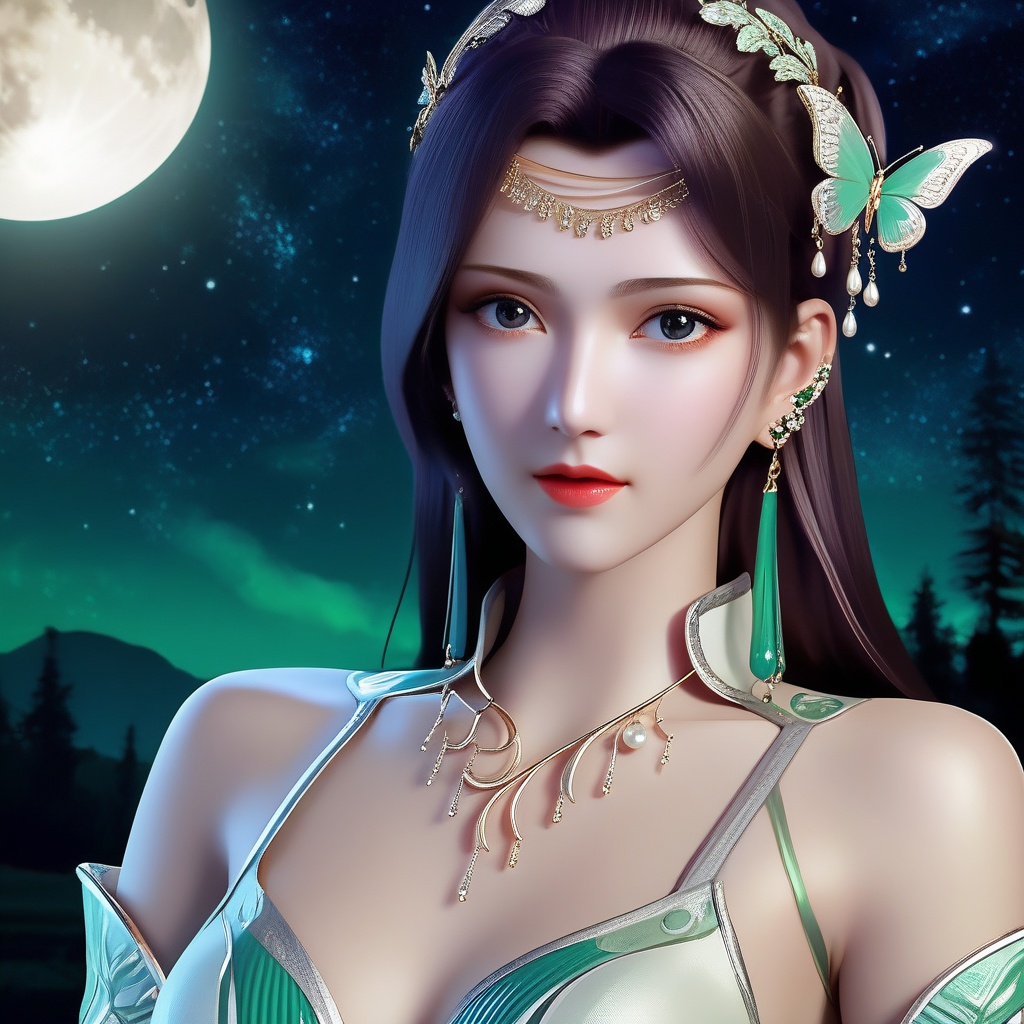 <lora:786-DA-XL-斗破苍穹-云韵-绿服:0.8>, (,1girl, ,best quality, ),looking at viewer,masterpiece(,1girl,night, starry sky, milky way,outdoors, full moon,  night sky, darkness,  world of darkness, , ) ,ultra realistic 8k cg,   clean, masterpiece,     (( , )),, , , prestige, luxury, jewelry, diamond, gold, pearl, gem, sapphire, ruby, emerald, intricate detail, delicate pattern, charming, alluring, seductive, erotic, enchanting, hair ornament, necklace, earrings, bracelet, armlet,halo((, )), (), butterfly,