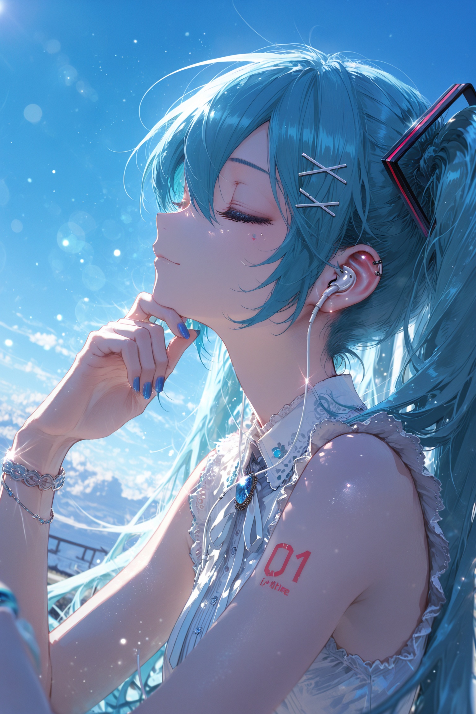 masterpiece,best quality,amazing quality,absurdres,newest,light particles,cinematic lighting,Visual impact,sharp focus,depth of field,dutch angle,scenery,rella,crypton future media,piapro,vocaloid,hatsune miku,1girl,artist name,bare shoulders,blue hair,blue nails,blue sky,bracelet,brooch,close-up,closed eyes,closed mouth,day,earbuds,earphones,eyelashes,fingernails,frills,from side,glint,hair between eyes,hair ornament,hairclip,hand on own chin,hands up,head rest,jewelry,light particles,light smile,long eyelashes,long hair,neck ribbon,number tattoo,outdoors,product placement,profile,ribbon,shirt,shoulder tattoo,sky,sleeveless,sleeveless shirt,solo,sunlight,tattoo,twintails,upper body,web address,white ribbon,white shirt,wireless earphones,x hair ornament,