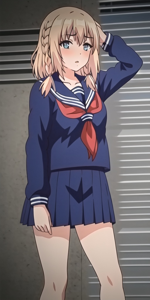 1girl,solo,perfect face,look at viewer,standing,shoes,bangs,braid,eyebrows visible through hair,parted lips,blush,blonde hair blue eyes,blue serafuku,blue pleated skirt,long sleeves,pleated skirt,red neckerchief,school uniform,masterpiece,best quality,highly detailed,