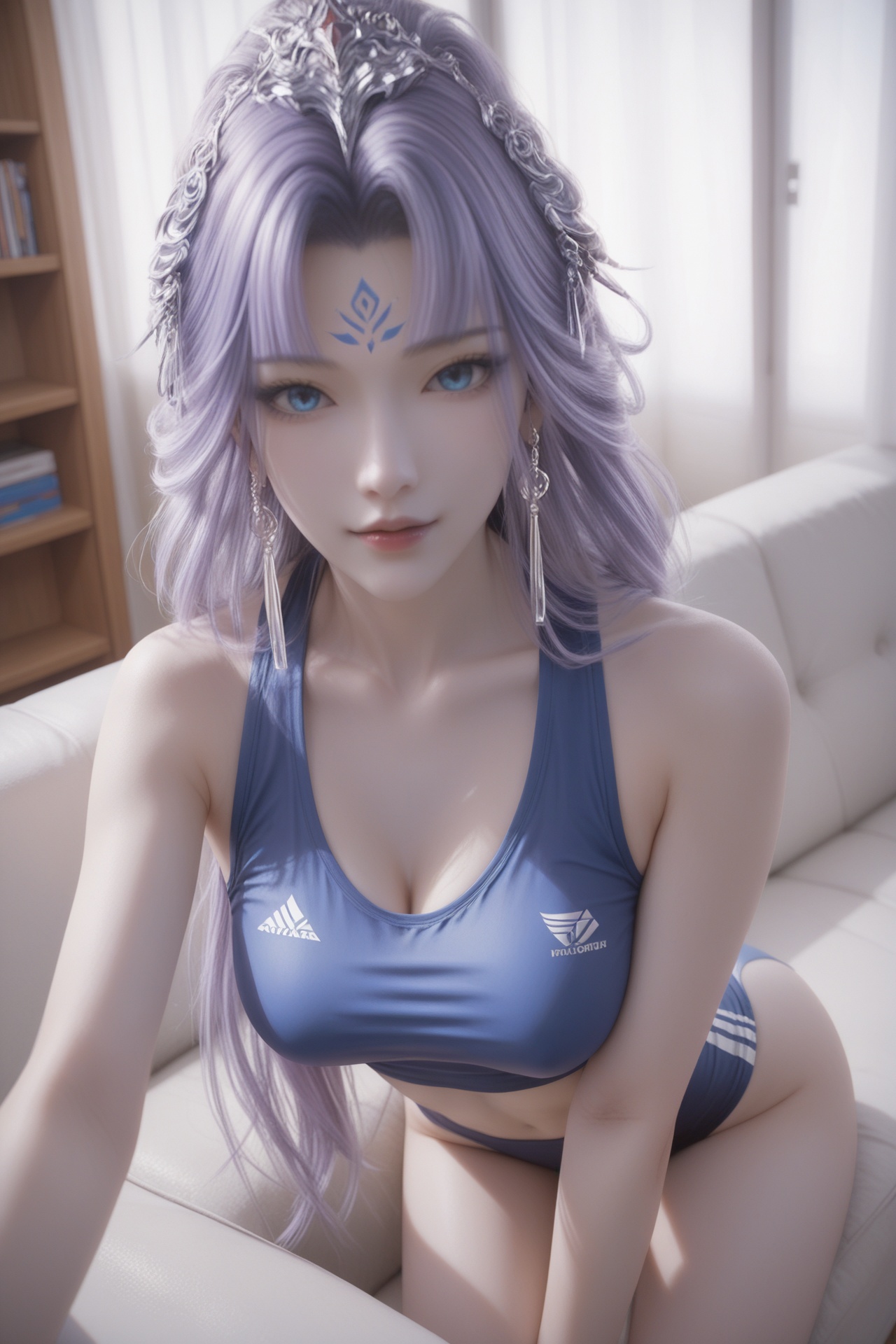 hongfen,<lora:hongfenXL:0.7>,score_9,score_8_up,source_anime,score_7_up,highly detailed,ultra-high resolution,32K UHD,sharp focus,best-quality,masterpiece,unconventional supreme masterpiece,masterful details,temperate atmosphere,with a high-end texture,in the style of fashion photography,Dynamic Angle,(Dynamic posture:1.1),1girl,medium breasts,looking at viewer,pale skin,living room,sofa,hanging light,sportswear,blue eyes,earrings,long hair,purple hair,forehead mark,