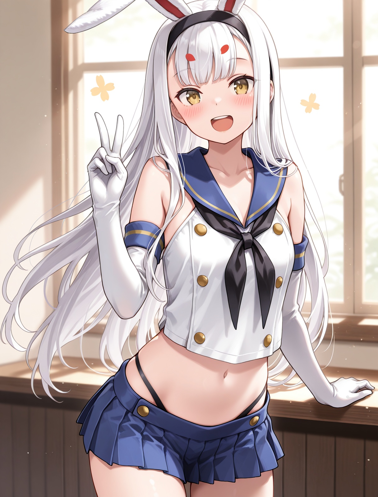 <lora:shimakaze_IL_v1.0:1>,shimakaze,shimakaze \(kancolle\) \(cosplay\),blush,smile,cowboy shot,v,:d,, masterpiece,best quality,