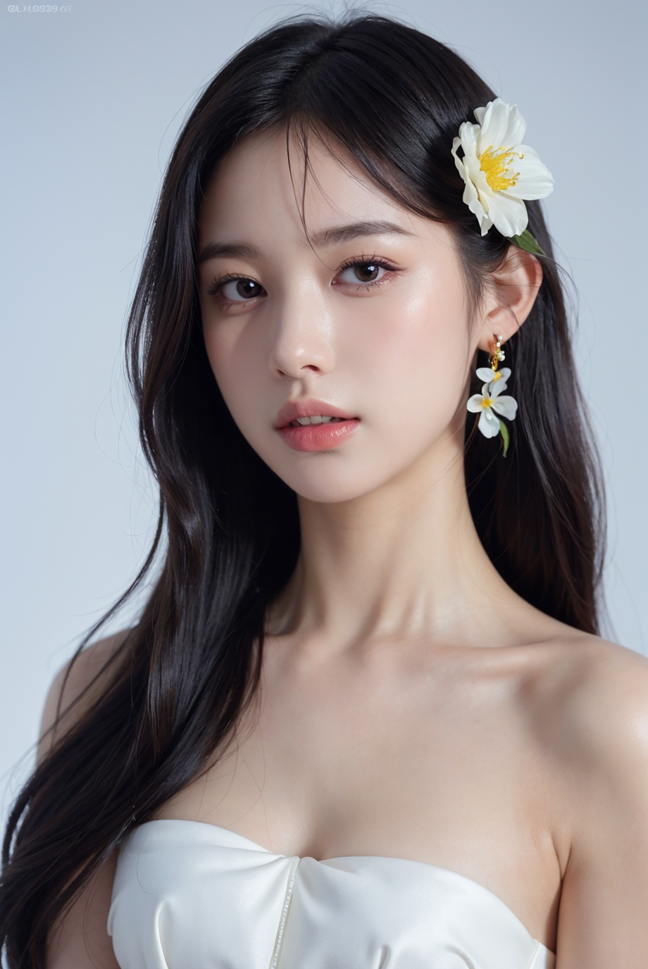 1girl, solo,(front view:1.2),(looking_at_viewer:1.4),(eye-contact:1.4),,black hair, long hair, jewelry, realistic, earrings, hair ornament, black eyes, lips, collarbone, parted lips, flower, watermark, upper body, portrait, hair flower, dress, web address,  <lora:YG红颜阁美女8:0.85>,