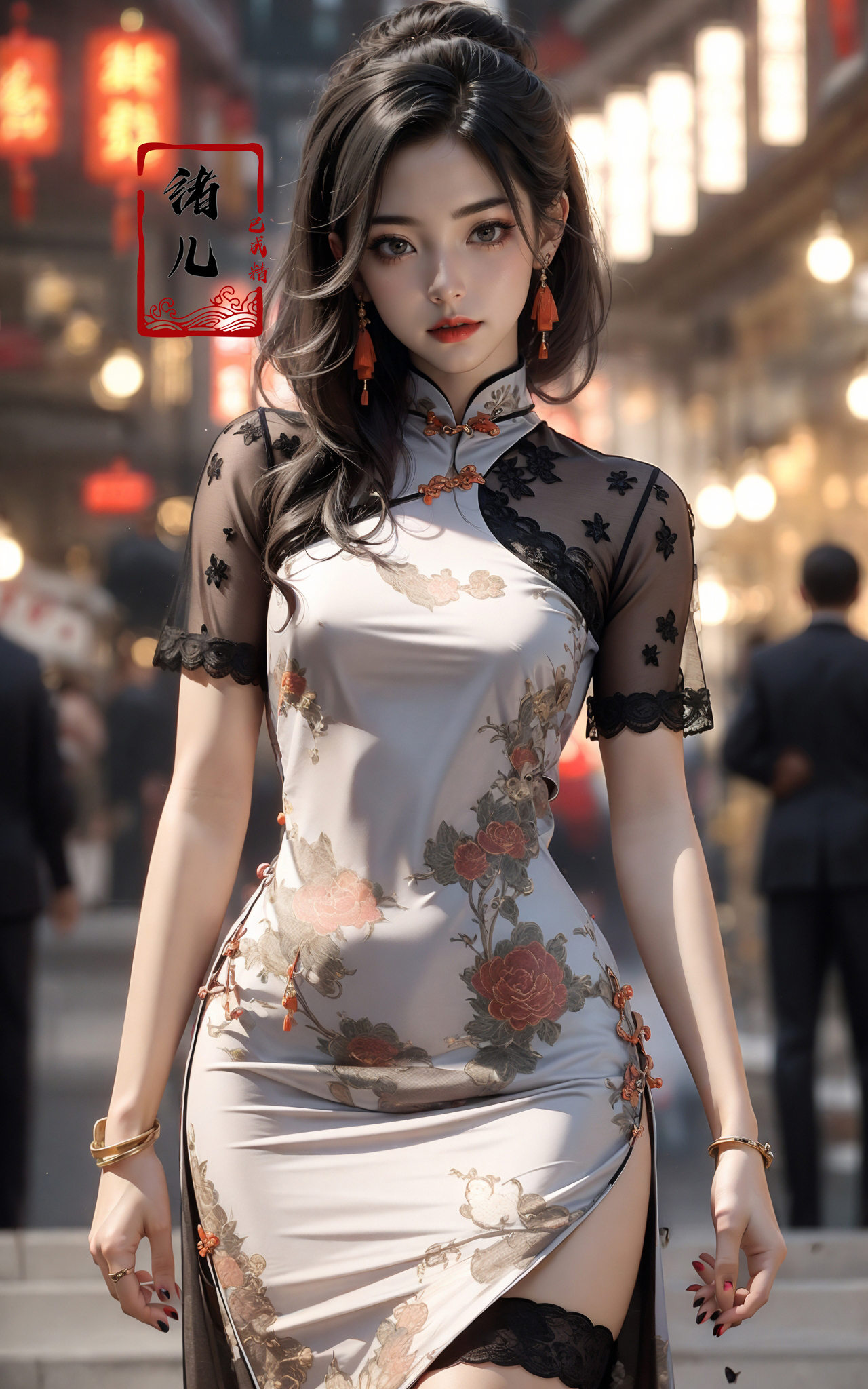 Black background,  Fashion cheongsam,  nail polish on Tensor.Art