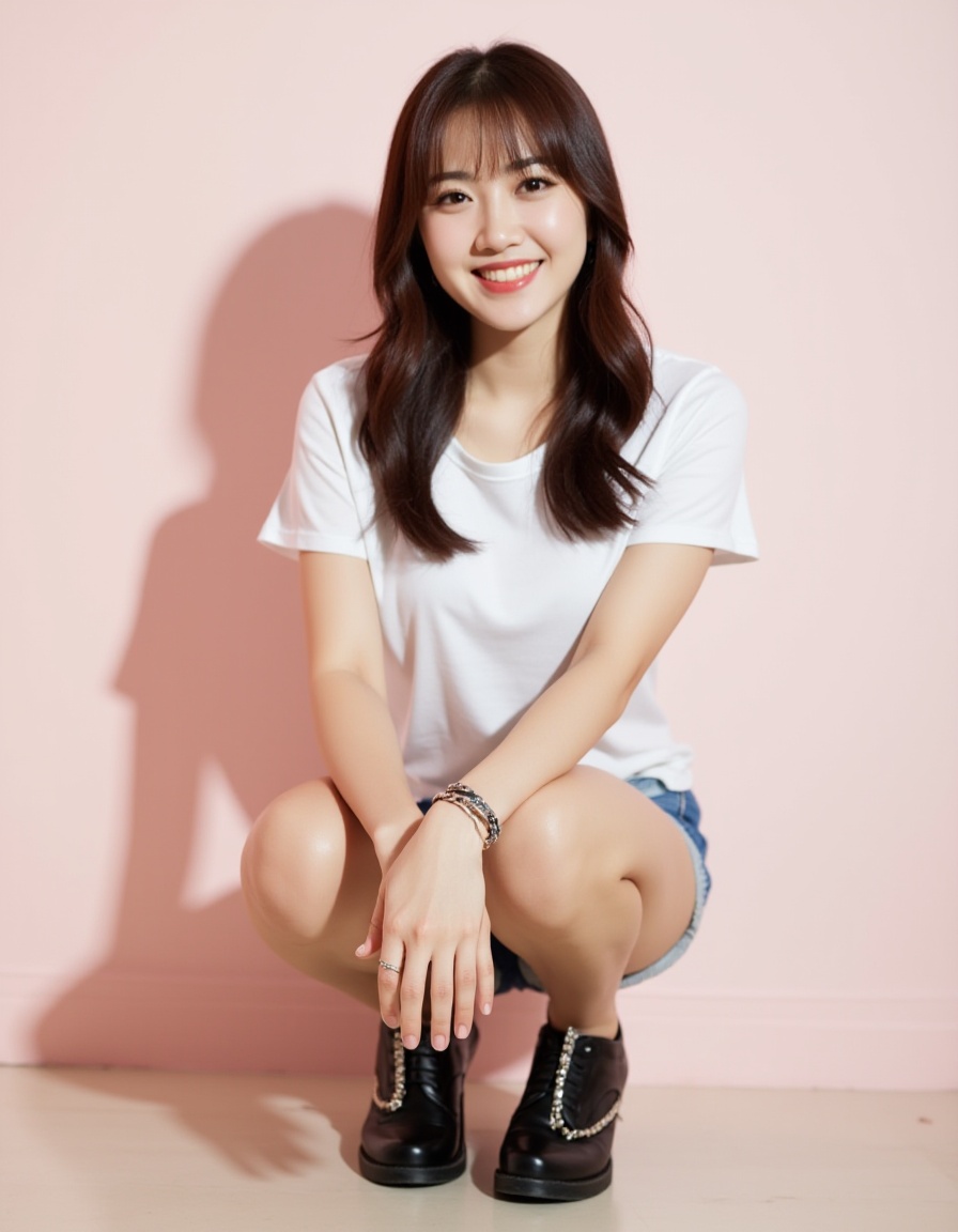 a medium-sized Asian woman with long dark brown hair,wearing a white t-shirt and a pair of light blue shorts. She is squatting on the floor with her legs crossed,her hands resting on her knees. She has a smile on her face,and her hair cascades over her shoulders. The woman is wearing a bracelet on her left wrist,and a bracelet in her right hand. She's wearing a pair pair of black leather shoes with a silver chain on the bottom of the shoes. The background is a light pink wall,and the woman's shadow is visible on the left side of the image.,