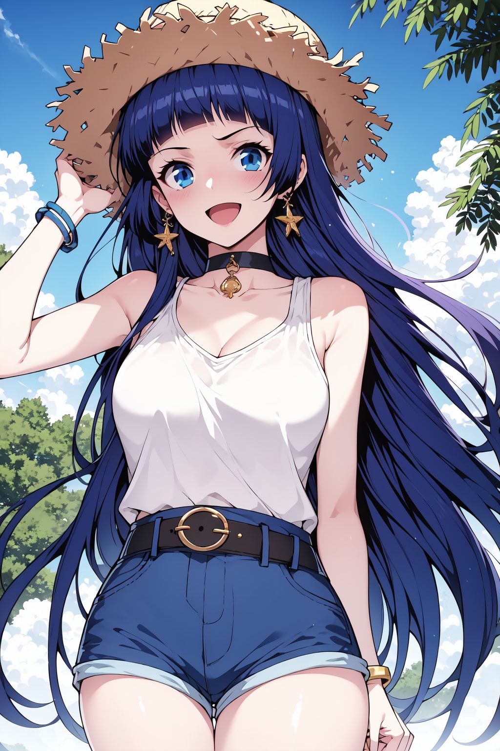 <lora:01熏儿漫画第一版:1>,1girl,solo,long hair,jewelry,blue eyes,shorts,hat,outdoors,choker,smile,earrings,open mouth,blue hair,belt,bangs,straw hat,day,:d,shirt,breasts,looking at viewer,sky,cloud,bracelet,blue shorts,blunt bangs,black choker,white shirt,denim,tree,sleeveless,medium breasts,denim shorts,cowboy shot,hand on headwear,collarbone,ahoge,very long hair,**** top,sleeveless shirt,blue sky,standing,armpits,