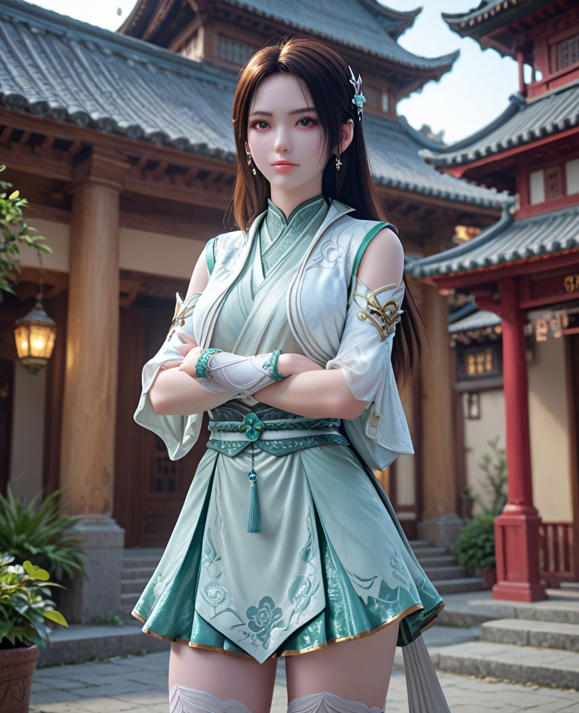 (oriental architecture, elegant decor, sophisticated style:1.1),(Standing, arms crossed,:1.1),looking at viewer,(breasts:1.2),<lora:XL斗破苍穹斗皇纳兰嫣然:0.8>,miss yanran,aloes green dress,vest,sash,aloes green overskirt,green miniskirt,brown eyes,black hair,long hair,hair ornament,wristband,white thighhighs,, score_9,score_8_up,score_7_up,score_6_up,score_5_up,score_4_up,3d rendering,tag1,tag2, Cinematic Lighting,backlighting,, zPDXL3, zPDXL2,zPDXL, zPDXLxxx, zPDXLrl,
