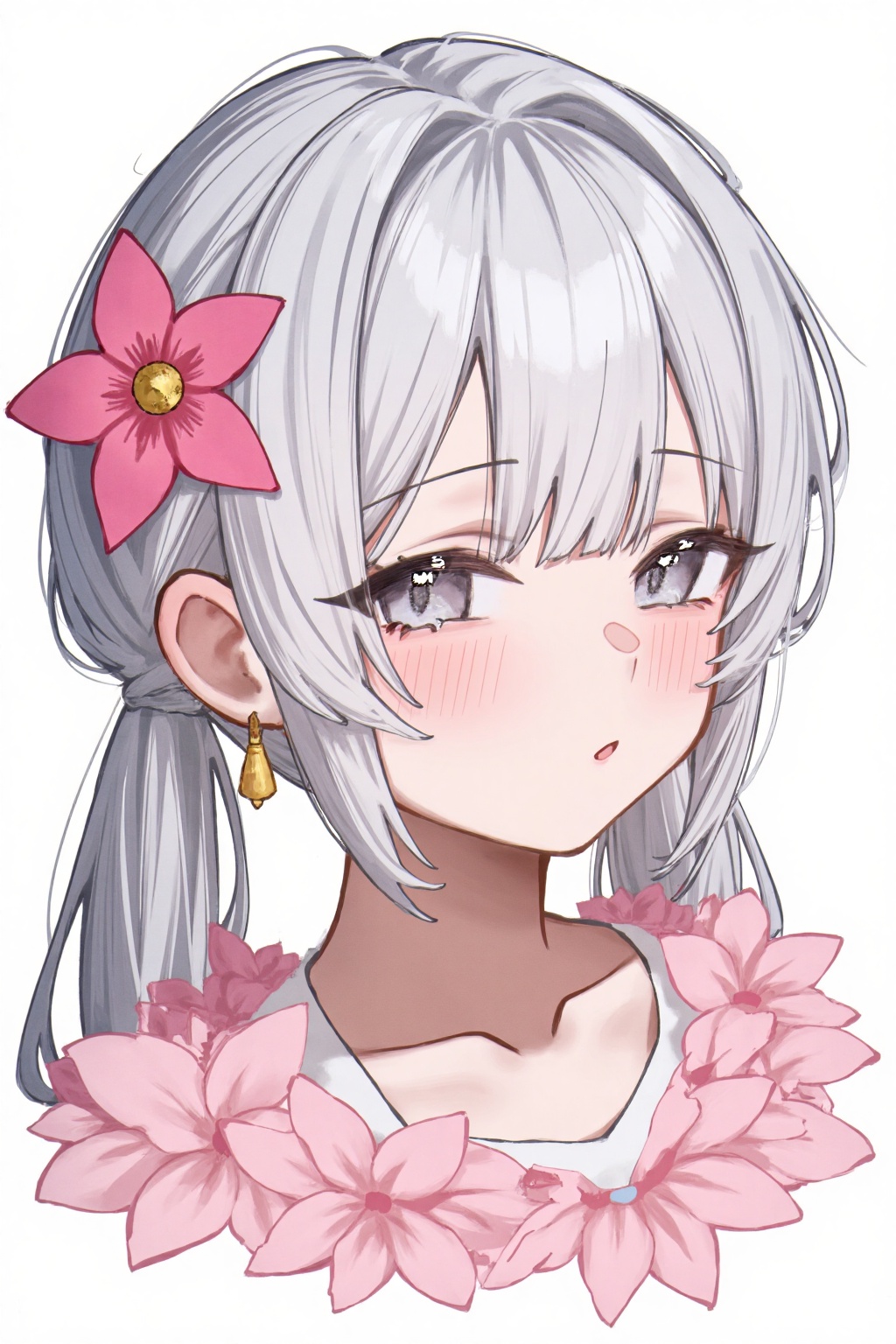 anon, 1girl, solo, jewelry, flower, earrings, hair ornament, hair flower, pink flower, grey eyes, portrait, looking at viewer, twintails, white hair, white background, closed mouth, petals, simple background