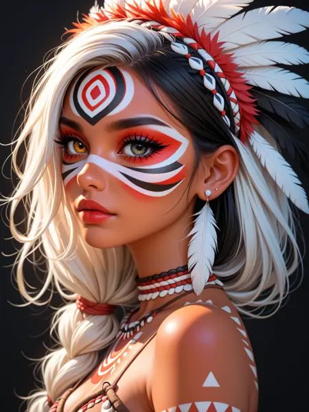 score_9, score_8_up, score_8, score_7_up, score_7, very sexy girl, sexy figure, black wall background, 1girl, heterochromia eyes, medium breasts, beautiful face, freckled face, eyeliner, makeup on eyelashes, 25yo, feather headdress, ornamental earring, bare shoulders, tribal design clothing, body paint, intricate face paint, exotic pattern, geometric patterns, striking makeup, bold colors, dramatic expression, shoulder-length hair, stylized hair, black hair, white hair, red accents, black accents, white accents, red earring, feathers, tribal motifs, feathered earring, round earring, tribal pattern, face paint, red lip, black feathers, feather hairpiece, red face paint, white face paint, black face paint, geometric face paint, striking tribal makeup, black panties, crotch, butt, tribal design panties