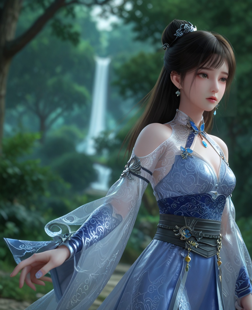 (oriental architecture, elegant decor, sophisticated style:1.1),(Bending down to tie shoelaces, while a friend or loved one playfully pulls the other lace,:1.1),(breasts:1.2),<lora:XL百炼成神紫极阴体小玉:0.95>,miss xiaoyu,black hair,dress,long hair,jewelry,earrings,bare shoulders,hair ornament,hair bun,blue dress,clothing cutout,sash,, zPDXL2, score_9, score_8_up, score_7_up BREAK realistic, masterpiece,best quality, highly detailed,, zPDXL3, zPDXL2,zPDXL, zPDXLxxx, zPDXLrl,