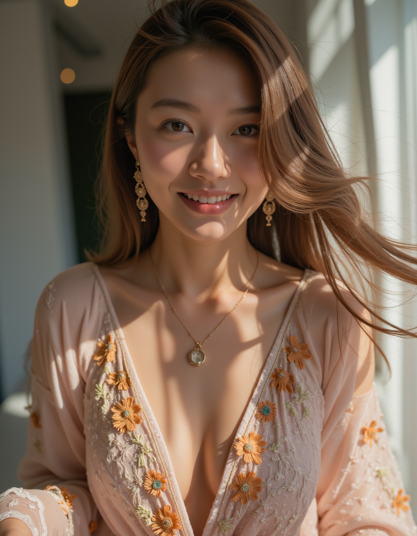 A best quality,  masterpiece raw photo of a young woman dressed in a long floral lace robe with ornate details,  complemen...