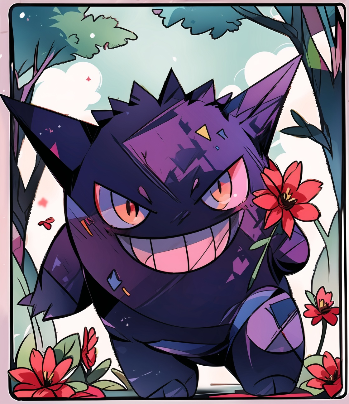 masterpiece,detailed,gengar,anime,((front view)),pointed ears,red eyes,spiky hair,fat body,three fingers,three toes,purple body,no humans,red sclera,tail,pokemon (creature),holding flower,solo,flower,holding,full body,teeth,((looking to viewer)),colored sclera,standing,red flower,<lora:pokemon_gengar:0.7>,((outdoors)),((trees)),sky,forest,scenery,(((holding))),((holding a flower)),<lora:Nijicolor_v1:0.7>,niji color,<lora:add_detail:1>,background,