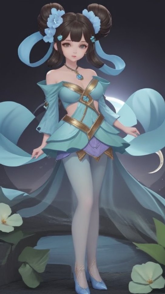 (1girl),smooth chin,masterpiece,detailed face,((hair ornament)),top quality,4k,make up,best quality,medium breasts,(looking at viewer),long legs,double bun,jewelry hair,dress,detached sleeves,ribbon,shawl,light blue skirt,puffy pants,hair rings,hair flower,(wariza),(arms behind back),bangs,jewelry on bangs,<lora:王者小乔青蛇SD_v1.0:0.6>,