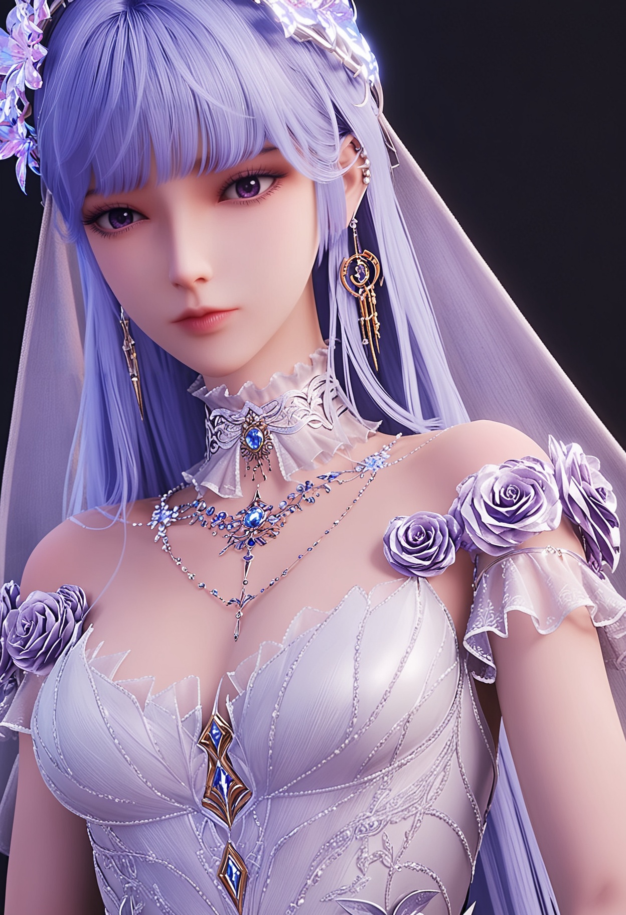 (looking_at_viewer:1.2),upper_body,(gigantic breasts:0.6),(slender:1.2),facing viewer,<lora:YQ_pony_shengcaier_fuzhuang4_V6:0.8>,q1528437228,1girl,solo,long hair,hair ornament,jewelry,earrings,hair flower,purple eyes,blue hair,veil,purple hair,blunt bangs,dress,gloves,high heels,wedding dress,bridal veil,necklace,detached collar,white dress,white gloves,white hair,choker,long dress,(simple background,pure black background,black background:1.1),perfect_anatomy,