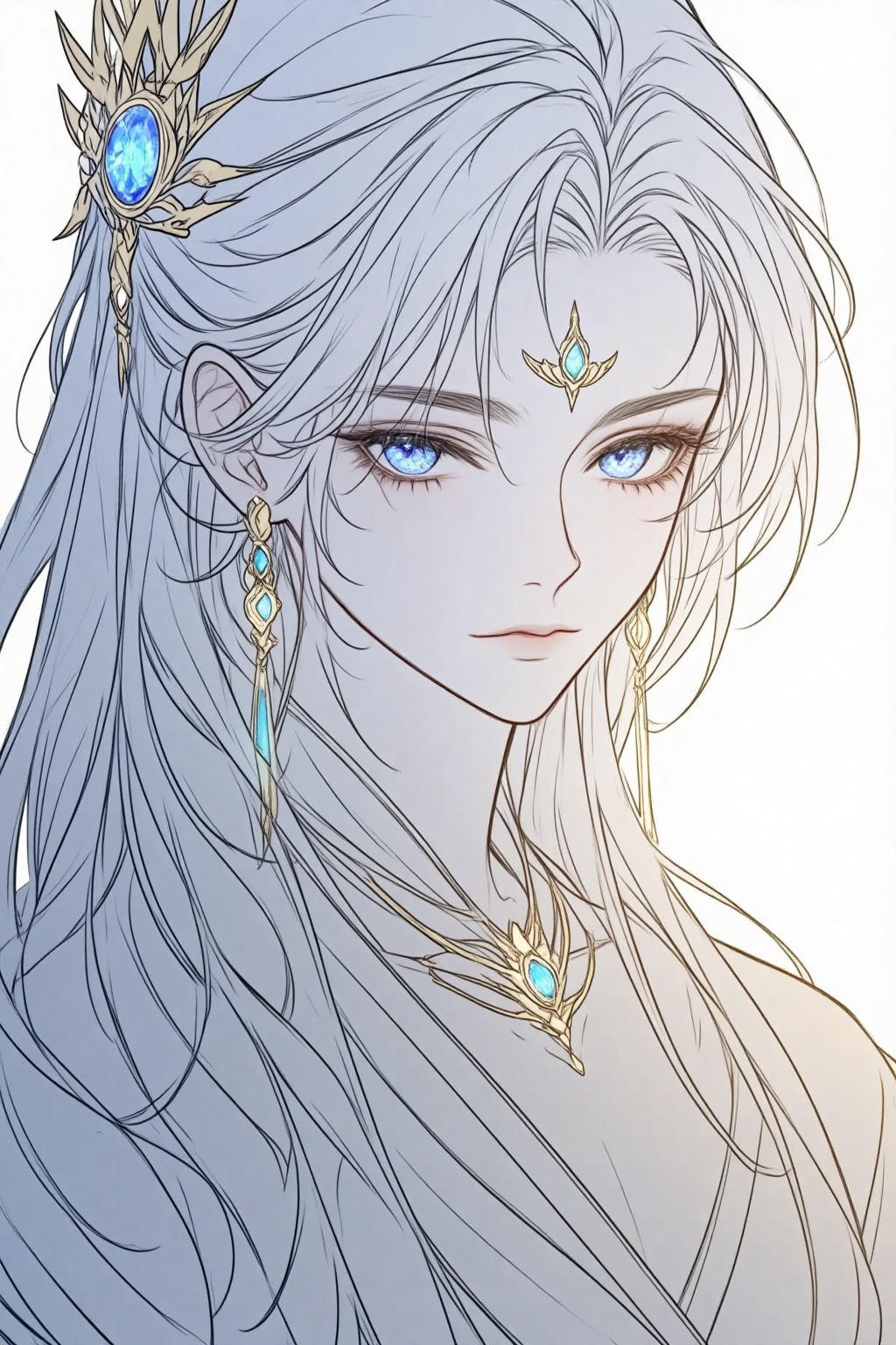 ZOZ_SUMIAOHH,ZOZ_SUMIAOMIAO,a detailed and realistic digital illustration shoot from a portrait camera angle about a close-up portrait of a female character with long,flowing gray hair adorned with ornate accessories and jewelry,the subject,a young woman with light skin,is positioned in the middle of the image,looking directly at the viewer with a serious expression,she has long,wavy,light blue hair that falls down her back,and her eyes are a striking shade of blue,her hair is adorned with a golden crown with a large,blue gemstone,and she is wearing a pair of earrings and a necklace with a pendant,the background is a simple,white gradient,which helps to focus attention on the subjects face and upper body,the overall style is reminiscent of fantasy art,with intricate details and a touch of elegance,