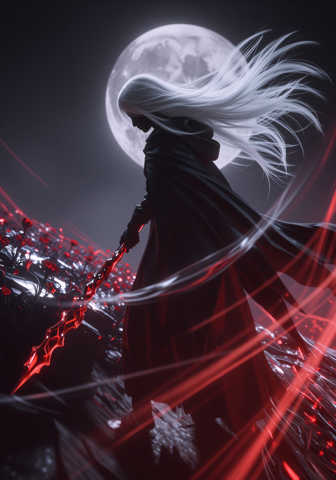 CG质感，超清画质，笼罩在黑暗中的哥特黑色法袍，极暗，有角度的地面开满荧光的反光的血红色花海，巨大的居中血色满月背景，白色长发晶莹发丝光，一把长柄的能量弥散的失真的流体的非规则的红色能量多形态光能武器，战斗姿态，冷酷，暗红色调，朦胧感，漠视感，低头面部阴影，身体阴影，红色速度流光线条光，动态模糊，震撼，大师杰作，模糊，朦胧光描边，强阴影，夜晚，广角，景深，压低亮度，低亮度，朦胧感，无光环境，阴暗故事氛围，幽冷，冷调系，ue5渲染，侧面，侧身照人物特写，强对比，镜面折射，景深，深红与黑色强对比，红光弥散感，电影级特效，凌乱，大风，衣摆与发丝断续与破碎摆动动态模糊呈现速度张力，强力，特效张力十足，层次感光线，细节清晰，高品质，超清画质，高挑，修长，日系风格，暗红色环境光，动态模糊，速度感，时间迁越次元，逆光，伦勃朗光，特写镜头，花瓣飞舞前景，神器级武器特写动态模糊，发丝微微飘动，衣摆微微飘动，下半身周围，透明少量的慢慢飞舞的细微的火红色飘散的灰烬特效，