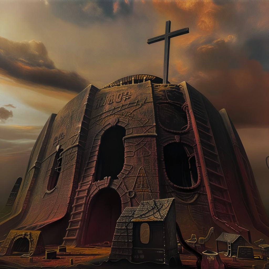 beksinskiart,  a painting of a cross on a hill with a ladder no humans,  scenery on Tensor.Art