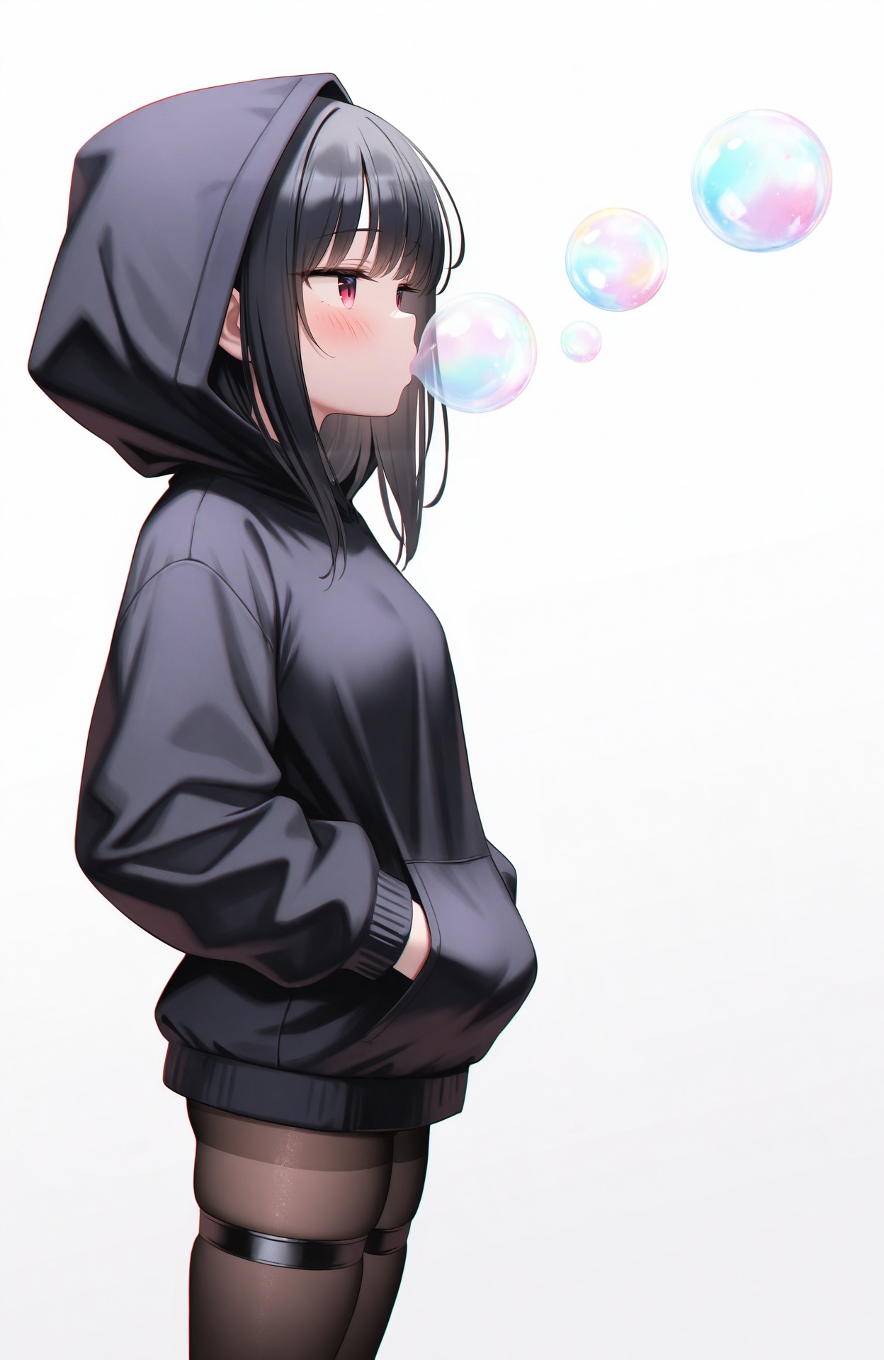 masterpiece,absurdres,best quality,loli,petite,high quality,chromatic_aberration,//,1girl, solo, breasts, simple background, long sleeves, white background, pantyhose, thighs, hood, from side, black pantyhose, hoodie, skindentation, thigh strap, thighband pantyhose, hands in pockets, black hoodie, black hair,red eys, bubble blowing,