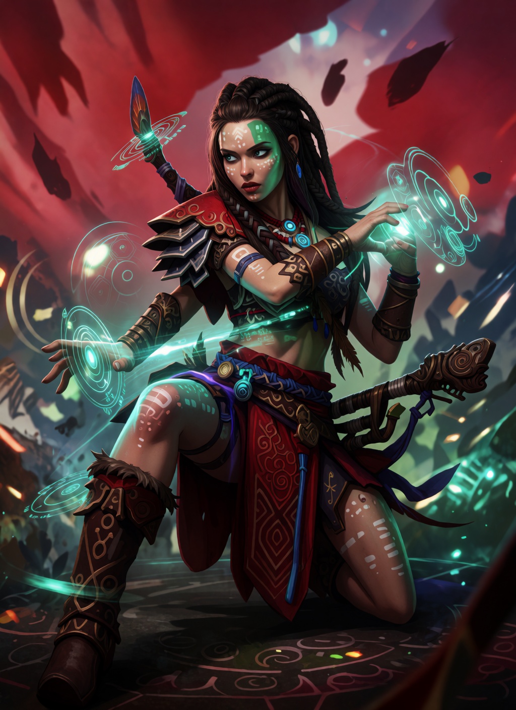 thin black outlines,  A fantasy shaman character with green-tinted skin and tribal face markings manipulating holographic...