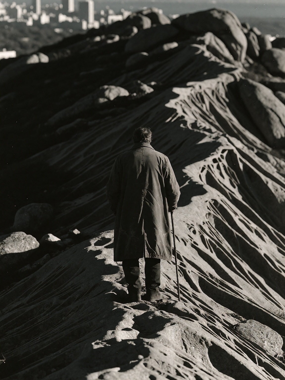 a lone ***** figure with walking stick,  positioned at the center of the composition facing away from the viewer towards a...