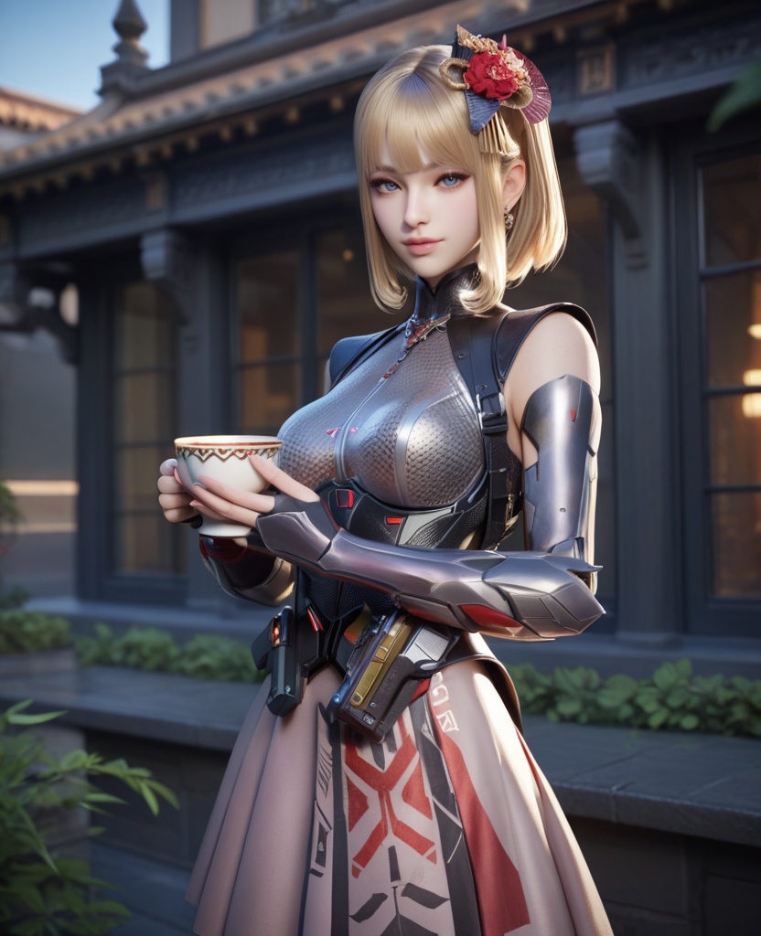 (oriental architecture, elegant decor, sophisticated style:1.1),(Standing near a window, holding a cup of tea or coffee, lost in thought and relaxation,:1.1),(breasts:1.2),<lora:XL穿越火线岚希儿灵魂舞者:0.95>,miss lanxier,chrome-fit battle top,neon pink skirt,blue eyes,blunt bangs,blonde hair,hair flower,black pauldrons,arm guards,armored high-heeled greaves,holstered,, score_9,score_8_up,score_7_up,score_6_up,score_5_up,score_4_up,3d rendering,tag1,tag2, Cinematic Lighting,backlighting,, zPDXL3, zPDXL2,zPDXL, zPDXLxxx, zPDXLrl,