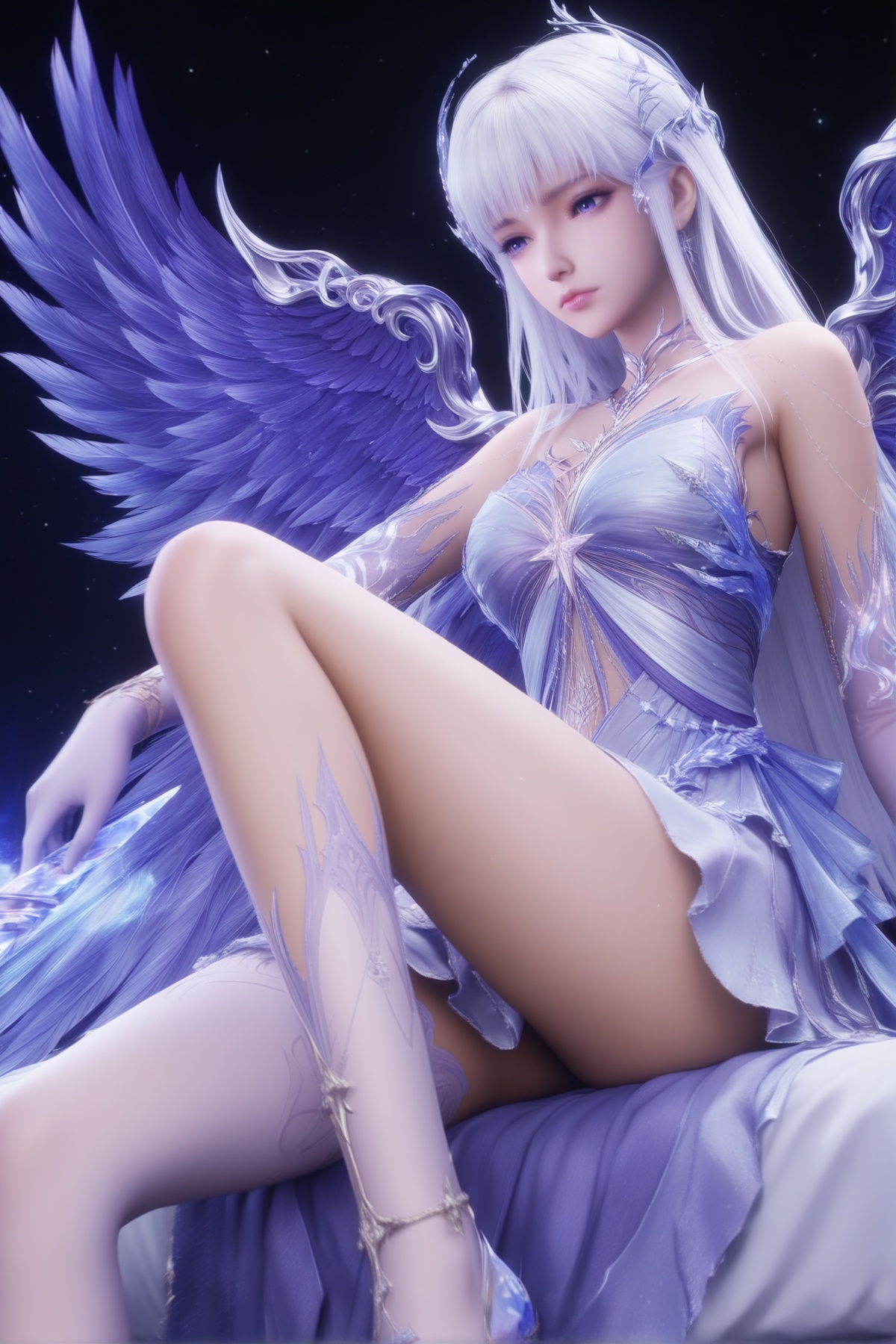 masterpiece,best quality,realistic,cinematic,detail eyes,(ultra-detailed),perfect composition,intricate details,absurdres,detailed face,high quality,high res,8K,<lora:X_shengcaier_ss_IL4.0:0.8>,white hair,purple eyes,1girl,long hair,breast,medium breast,hair_ornament,dress,purple_dress,white_pantyhose,bare_legs,asymmetrical legwear,sitting,bed,simple background,black_background,