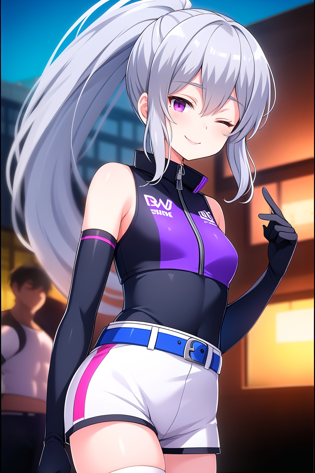 (masterpiece, best quality), highly detailed background, perfect lightingbest quality, shigetoakiho, solo, outdoors, race queen, grey hair, ponytail, hair between eyes, very long hair, one eye closed, purple eyes, medium breasts, cropped jacket, zipper, black shirt, sleeveless shirt, crop top, bare shoulders, detached sleeves, black gloves, elbow gloves, belt, blue shorts, white shorts, short shorts, white thighhighs, smile, closed mouth, ;), pink lips, <lora:Shigeto-Akiho:0.7>