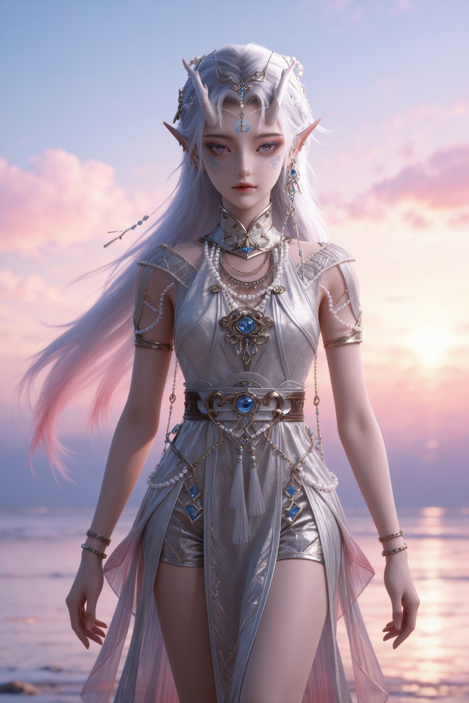 Nai3 style,realistic style photo,outstanding style,Use soft lighting to cast gentle shadows on the subject,adding a touch of dimension to your images without compromising details,whirls of vapor,(Anime:1.1),soft neon light,ethereal ambiance,delicate details,magical atmosphere,concept art,highly detailed,ultra-high resolution,32K UHD,sharp focus,best-quality,masterpiece,golden hour,unconventional supreme masterpiece,masterful details,temperate atmosphere,with a high-end texture,in the style of fashion photography,magazine style,Dynamic Angle,Dynamic posture,magazine style,Dynamic Angle,Dynamic posture,(cowboy_shot:1.2),eye trail,depth of field,cinematic lighting,lens flare,close-up,extreme aesthetic,(wlop:0.6),(honjou raita,lack,rella,wanke:0.5),masterpiece,best quality,good quality,newest,year 2025,very aesthetic,absurdres,Visual impact,A shot with tension,ultra-high resolution,32K UHD,sharp focus,best-quality,masterpiece,Emotionalization,unconventional supreme masterpiece,masterful details,temperate atmosphere,with a high-end texture,in the style of fashion photography,(Visual impact:1.2),giving the poster a dynamic and visually striking appearance,<lora:百炼成神3-封念云IL:0.7>,1girl,long hair,white hair,pointy ears,hair ornament,facial mark,eyelashes,purple eyes,bracelet,horns,white dress,armlet,gem,anklet,long legs,toenails,shorts,, realistic style,white background,upper body,looking at viewer,dynamic posture,